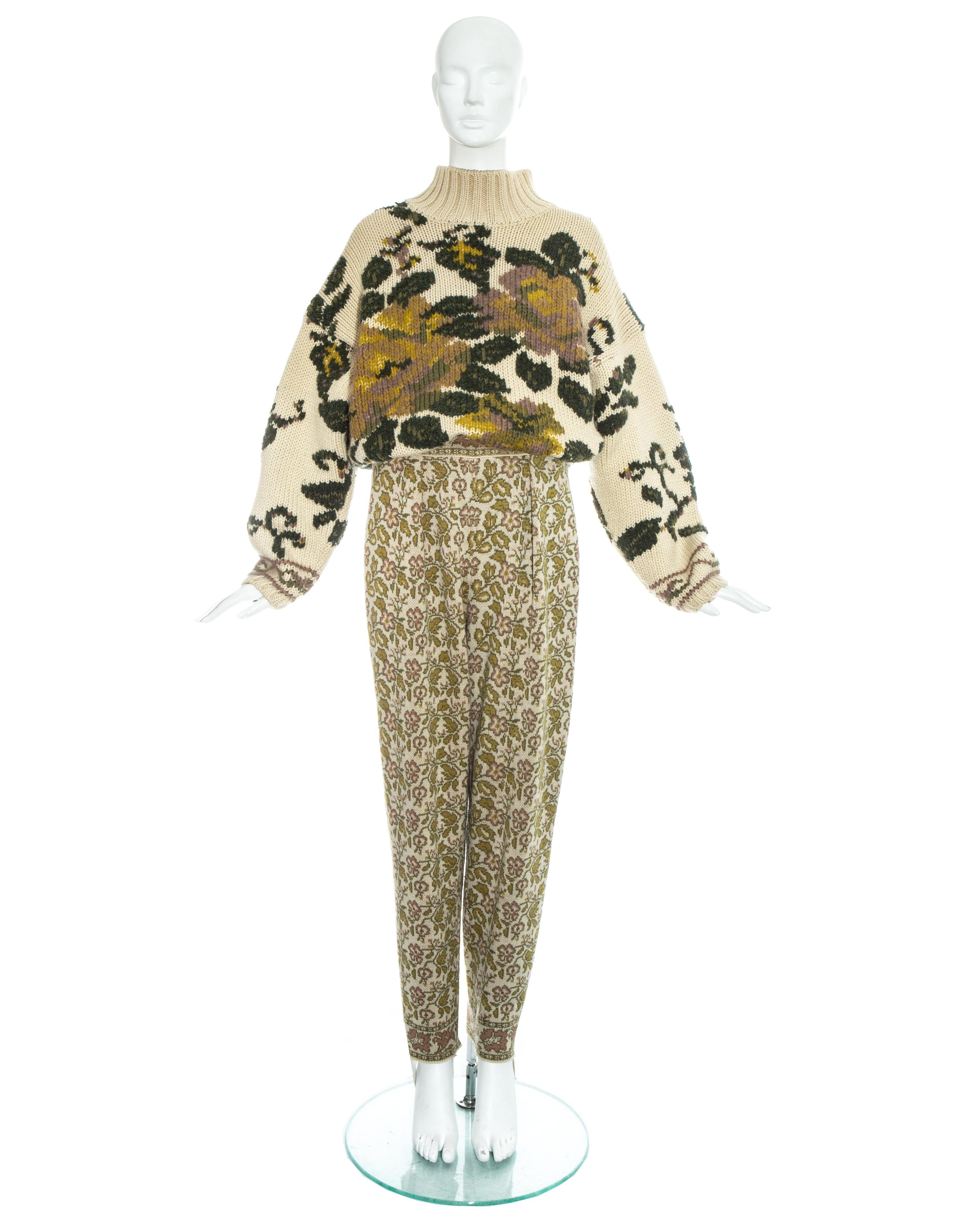 Conjunto de jersey floral de punto de lana y pantalón de estribo Jean Paul Gaultier, fw 1984 Marrón en venta