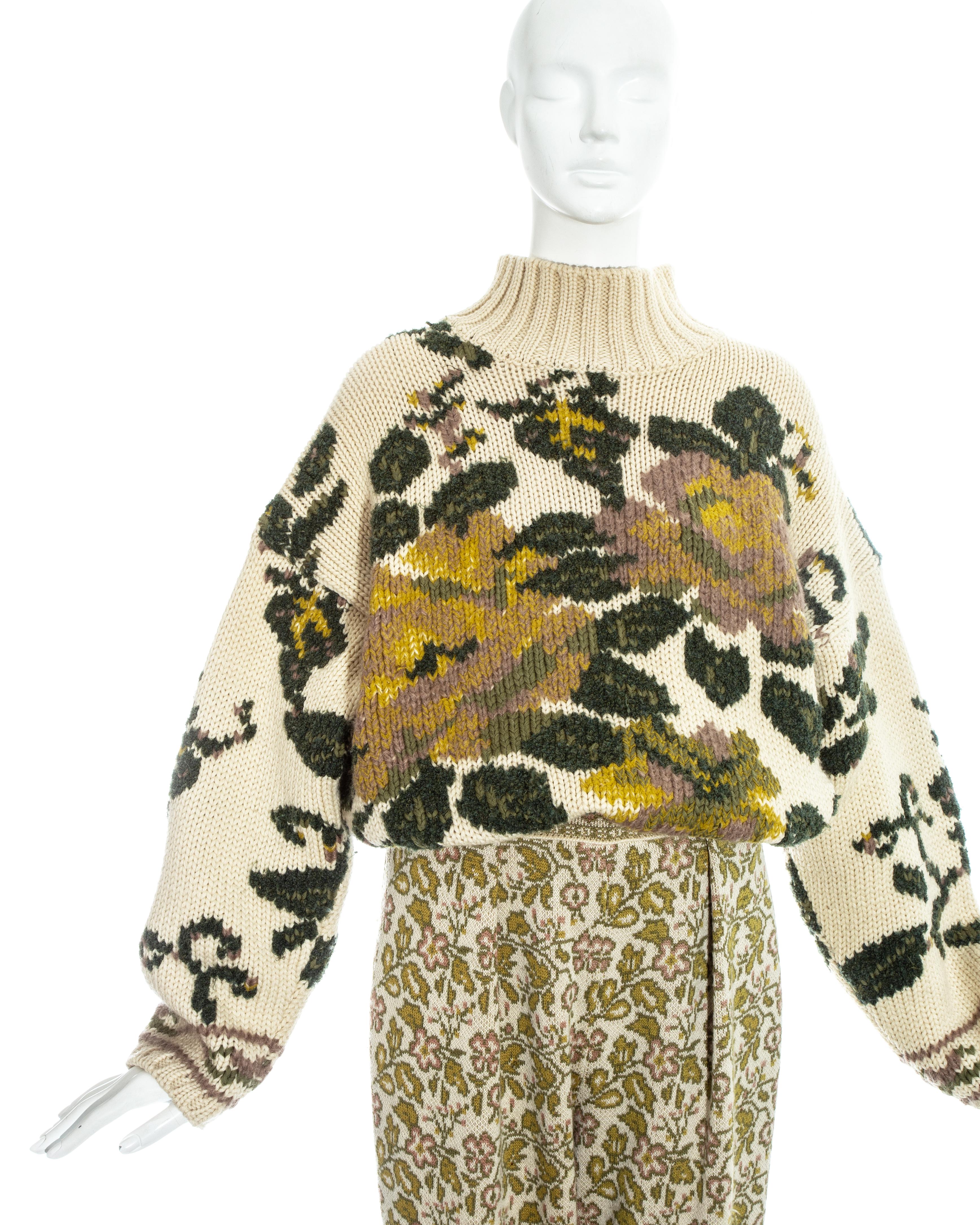 Brown Jean Paul Gaultier knitted wool floral sweater and stirrup pants set, fw 1984 For Sale