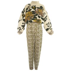 Jean Paul Gaultier knitted wool floral sweater and stirrup pants set, fw 1984