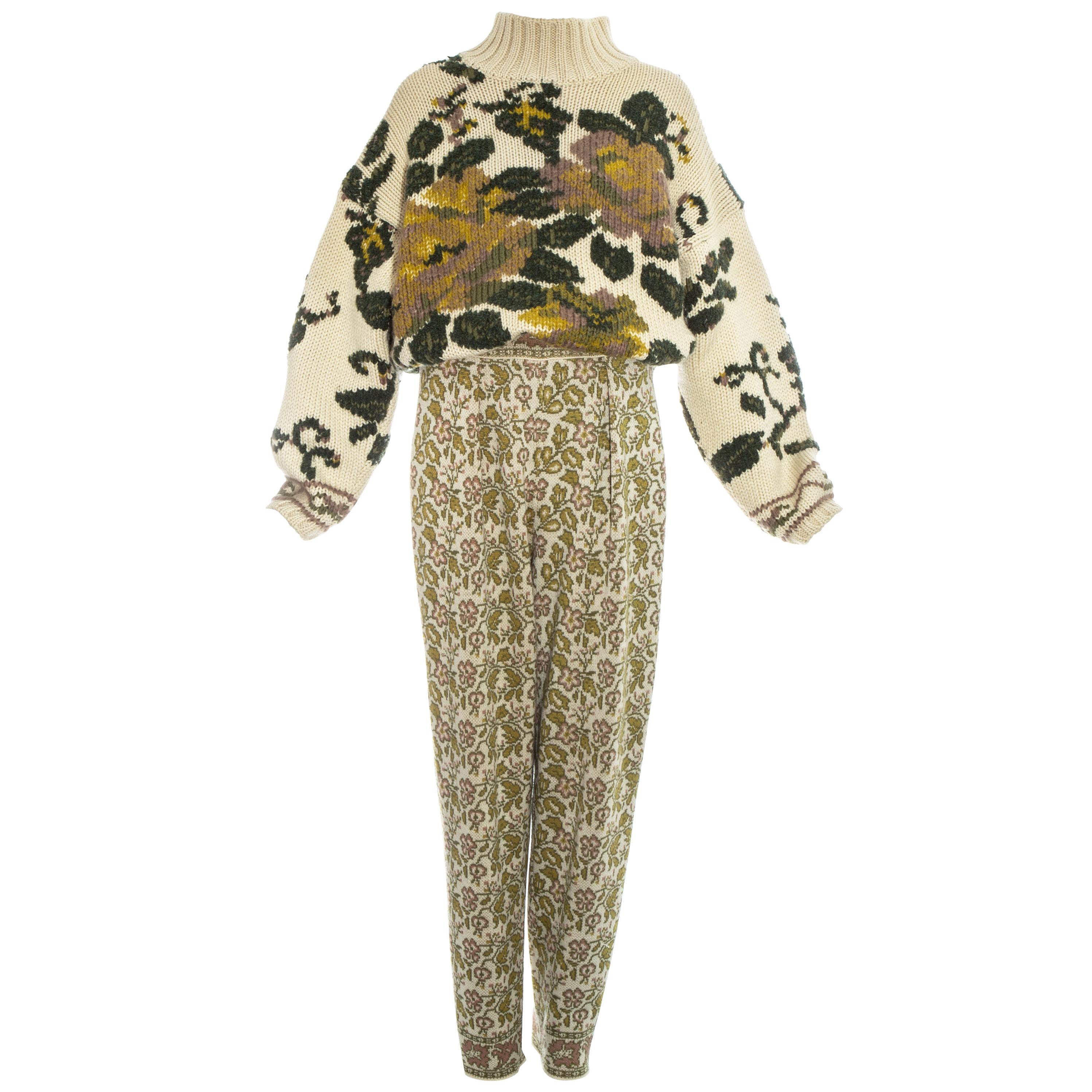 Jean Paul Gaultier knitted wool floral sweater and stirrup pants set, fw 1984