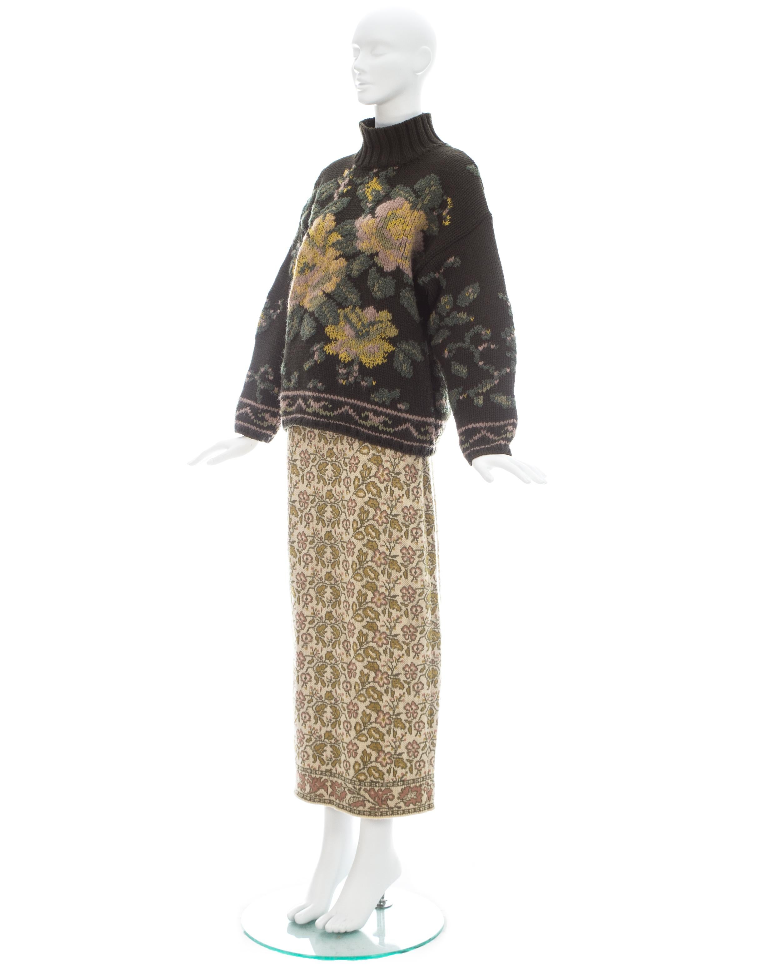 Gray Jean Paul Gaultier knitted wool floral tapestry sweater and skirt set, fw 1984 For Sale