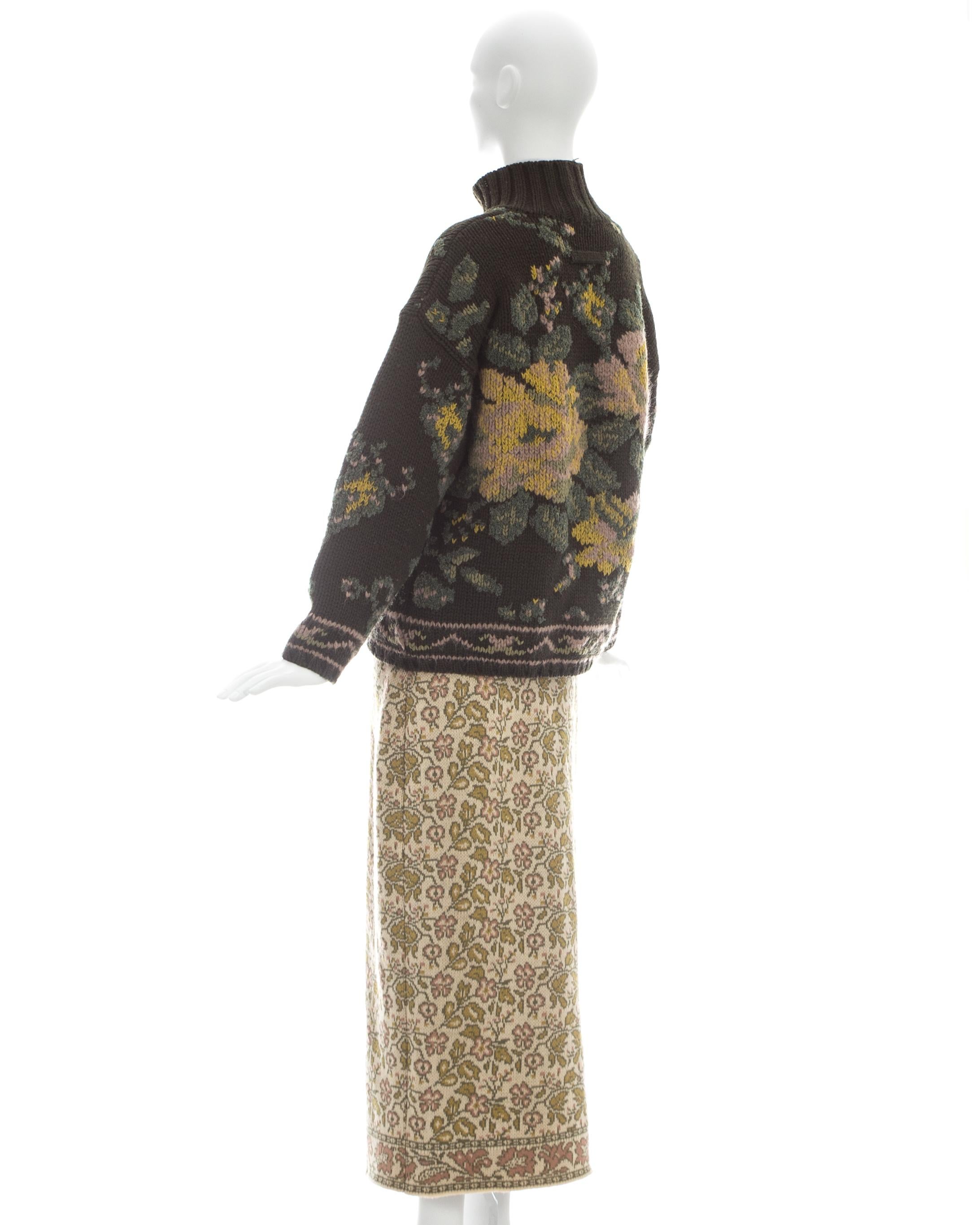 Women's or Men's Jean Paul Gaultier knitted wool floral tapestry sweater and skirt set, fw 1984 For Sale