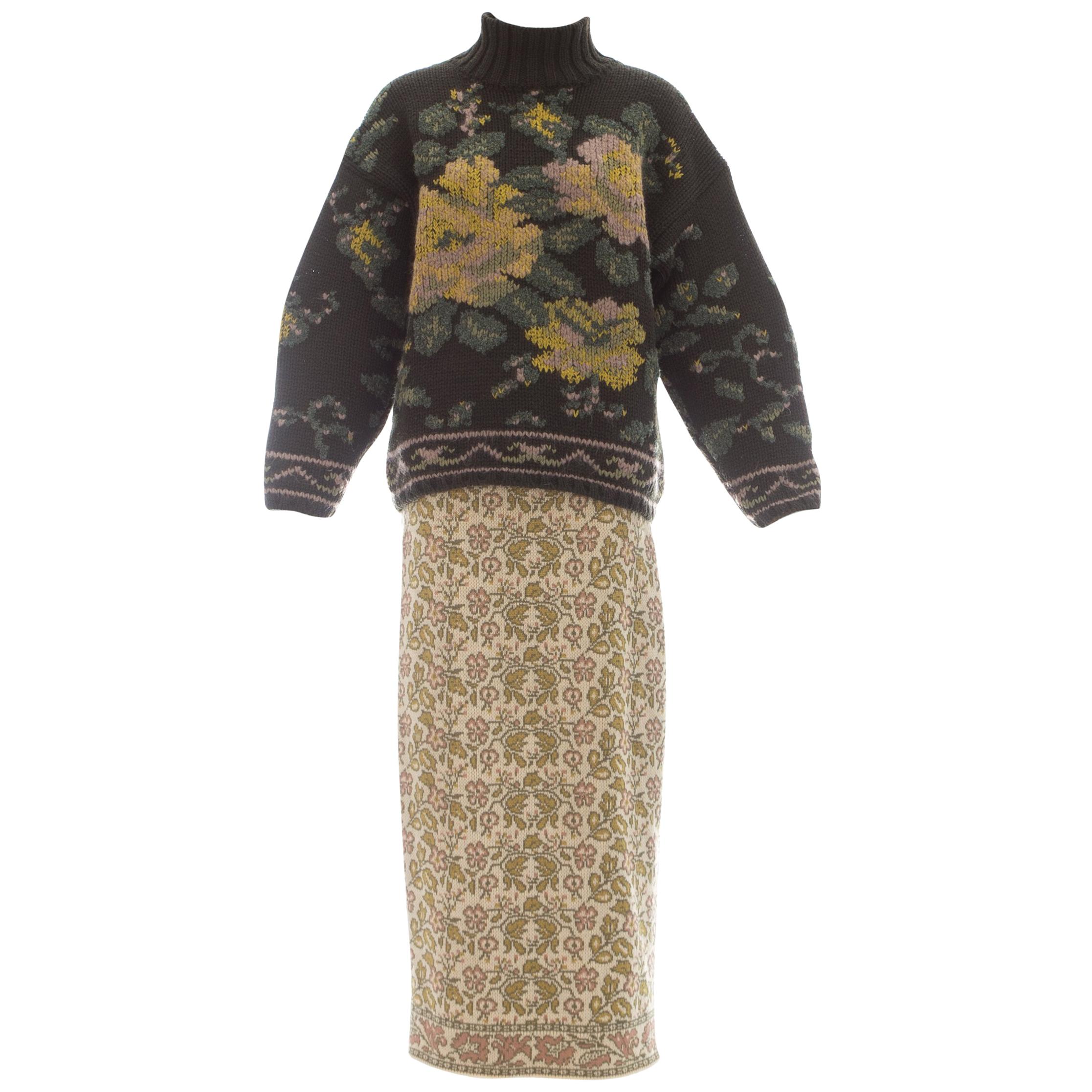 Jean Paul Gaultier knitted wool floral tapestry sweater and skirt set, fw 1984 For Sale
