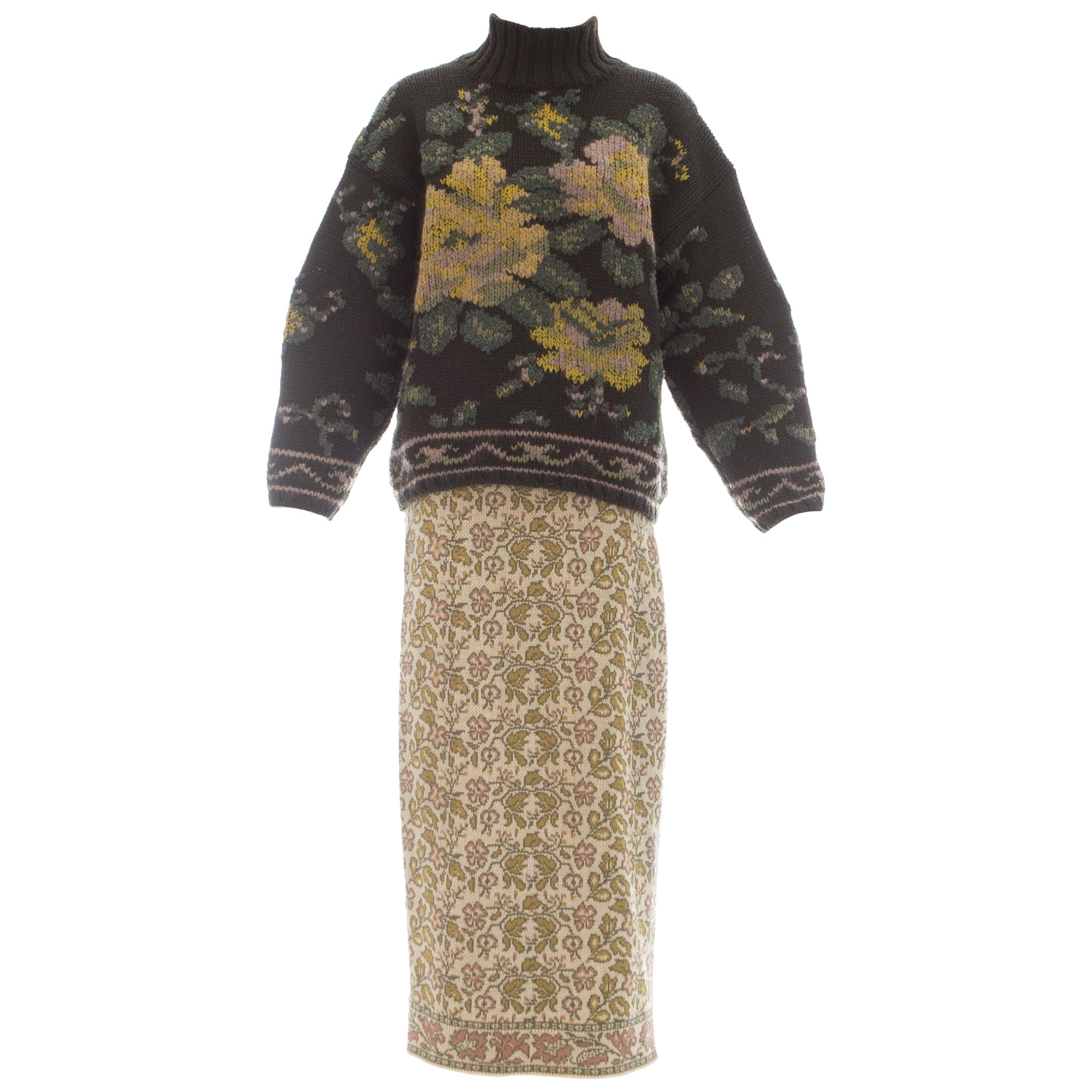 Jean Paul Gaultier knitted wool floral tapestry sweater and skirt set, fw 1984