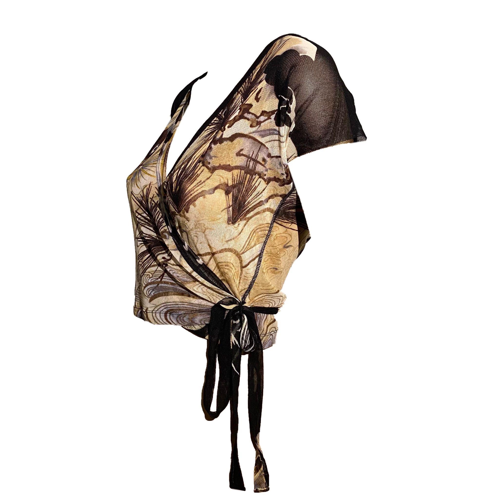 Jean Paul Gaultier 2000s short sleeve mesh top featuring Japanese inspired Koi Fish print. The top wraps around the waist with spaghetti straps. 

100% Polyamide, Made in Italy

Size L 

Shoulder to shoulder: 49 cm / 19.2 inch
Bust: 96 cm / 37.7