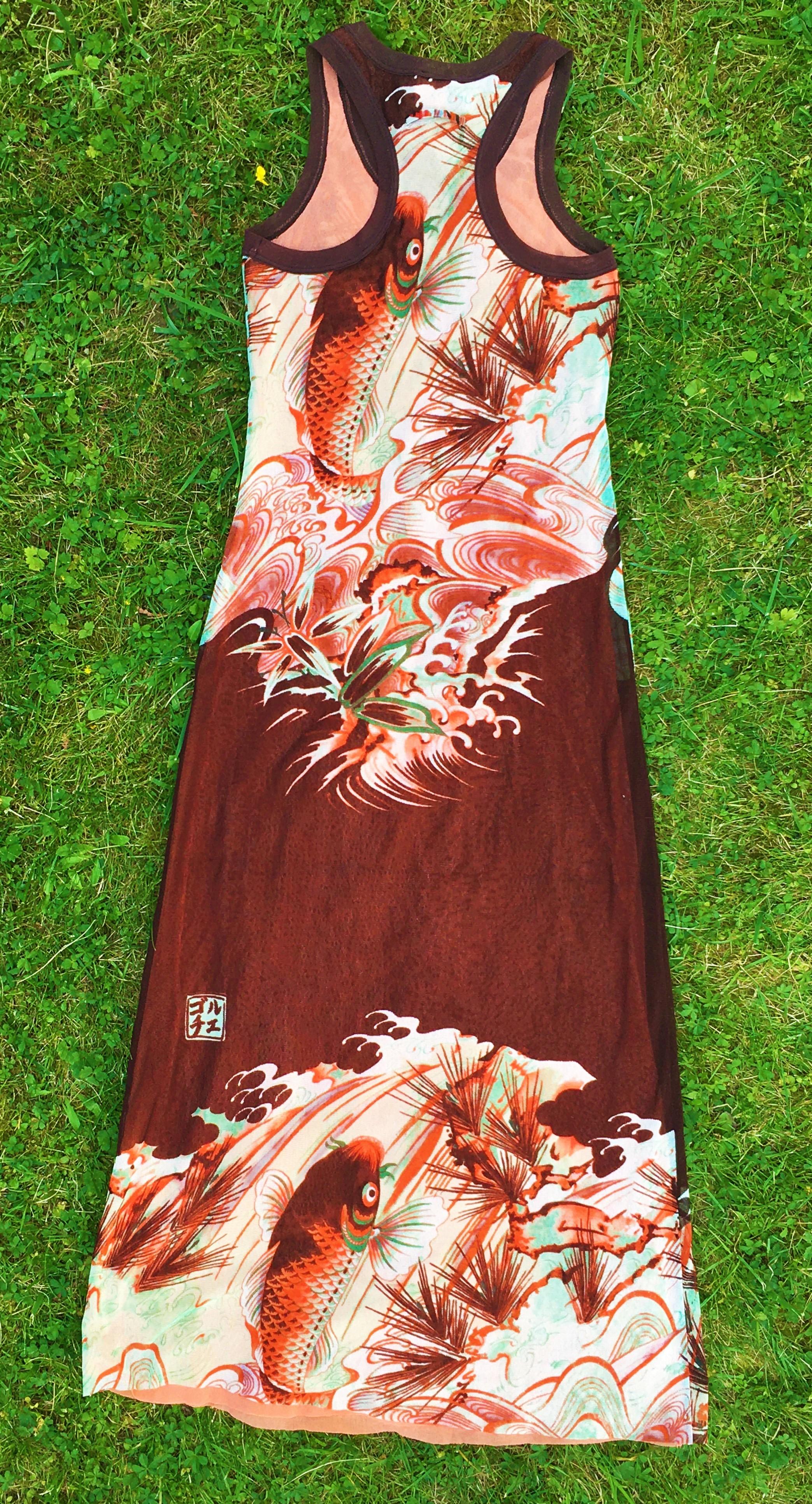 Jean Paul Gaultier Koi Print Fish Japanese Japan Mesh 90s Maxi Evening Dress 3