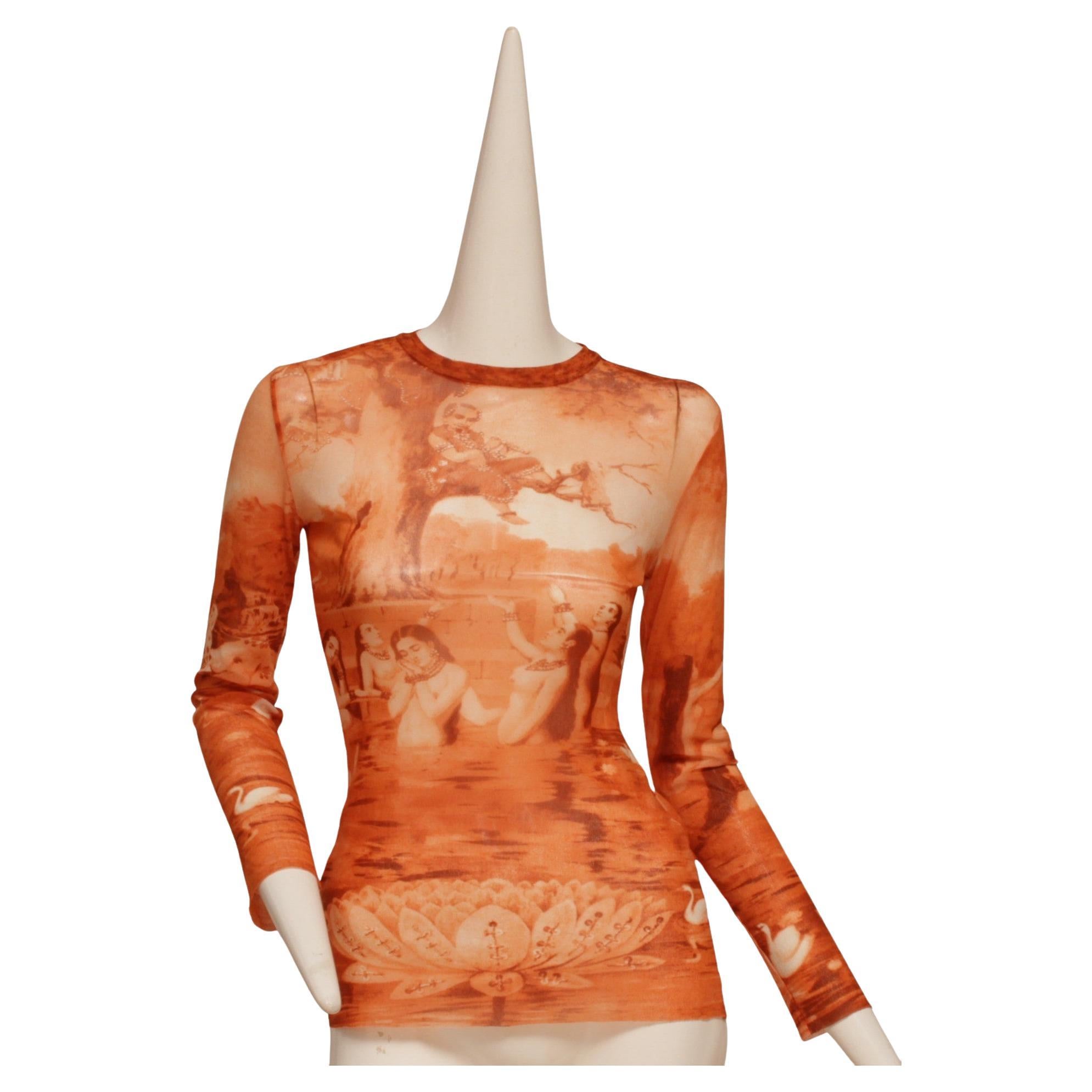 JEAN PAUL GAULTIER Krishna sitting in a tree, orange, long-sleeve top, SS94 For Sale