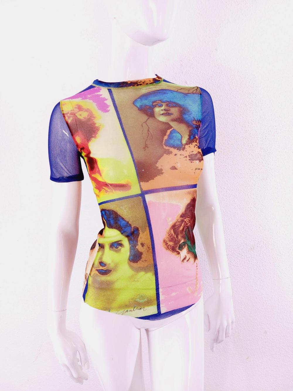 Beige Jean Paul Gaultier Kylie Jenner Kim Mesh Portrait Saturated Faces Top Shirt Tee For Sale
