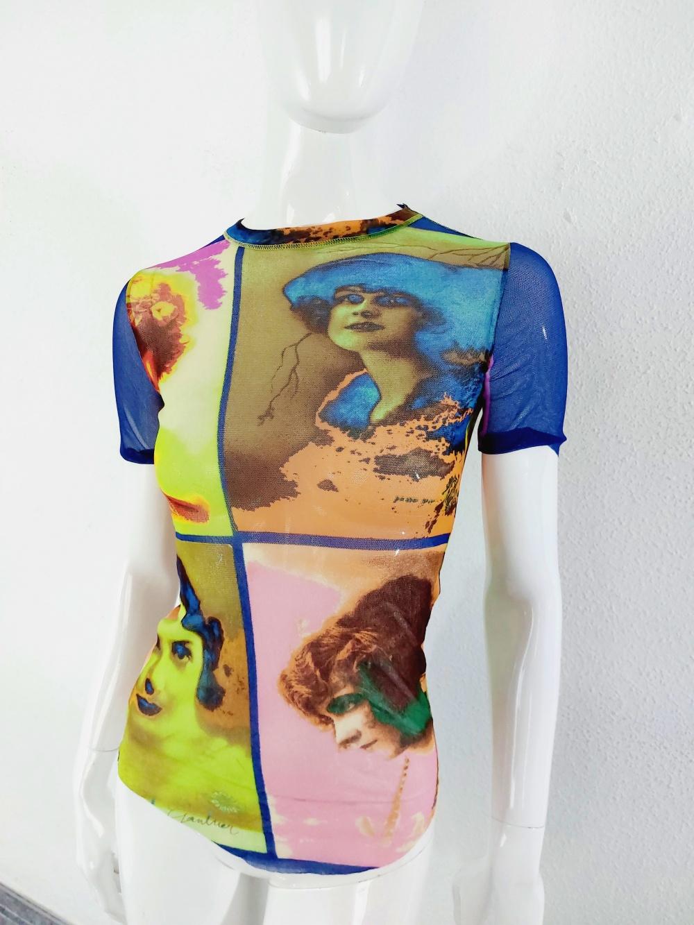 Jean Paul Gaultier Kylie Jenner Kim Mesh Portrait Saturated Faces Top Shirt Tee In Excellent Condition For Sale In PARIS, FR