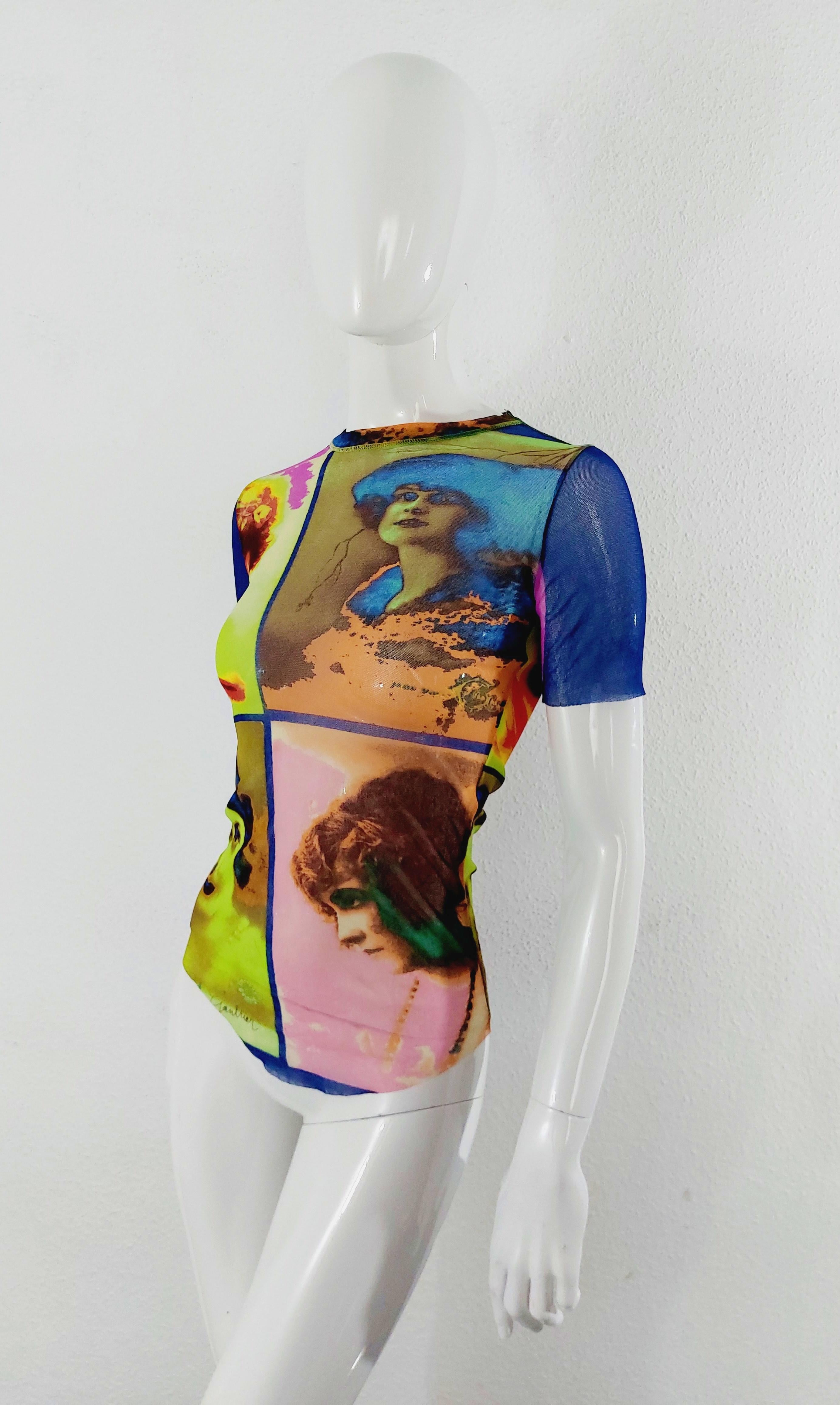 Women's Jean Paul Gaultier Kylie Jenner Kim Mesh Portrait Saturated Faces Top Shirt Tee For Sale