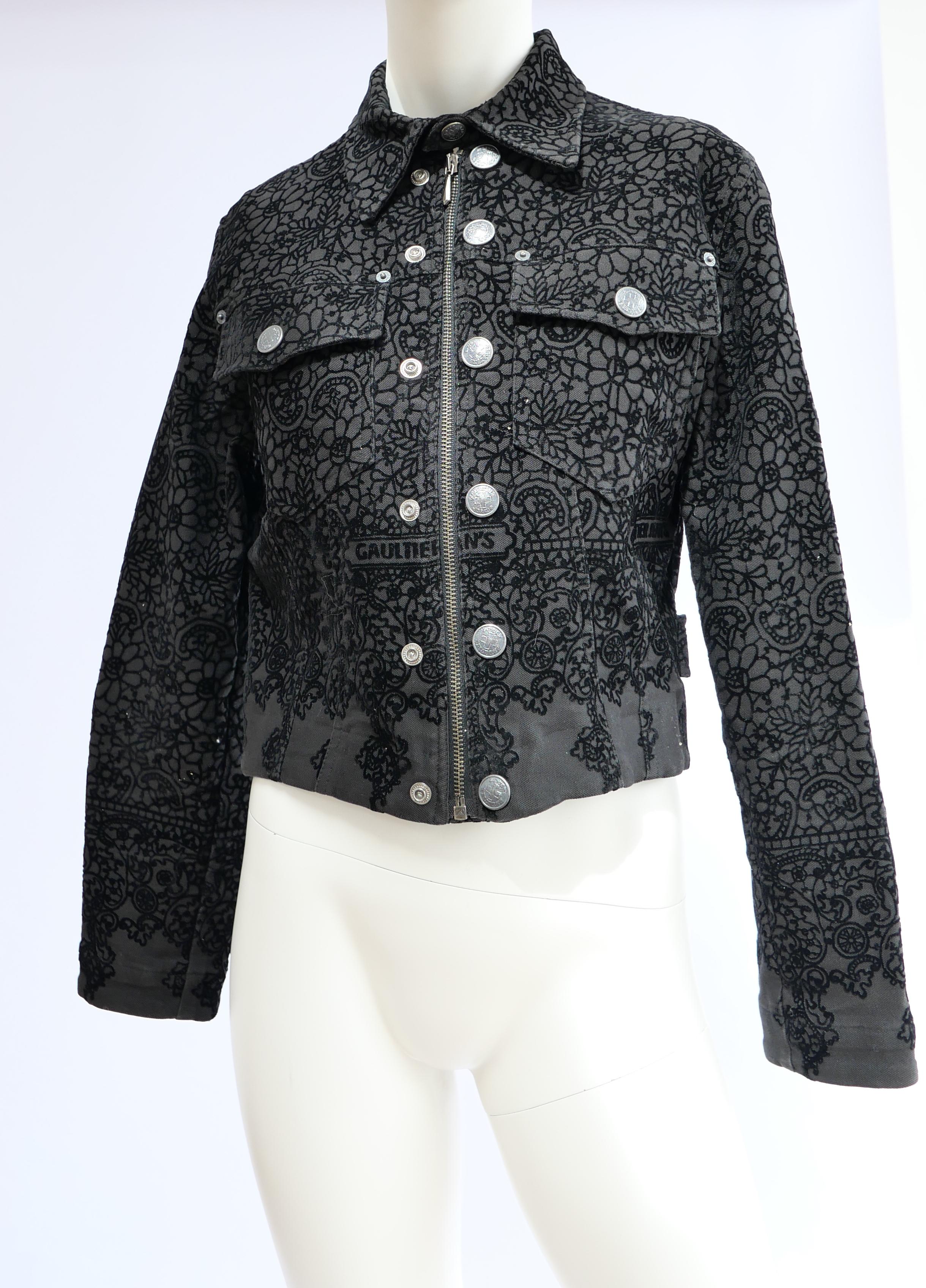 Black Jean Paul Gaultier Lace Appliqué Printed Jacket  For Sale