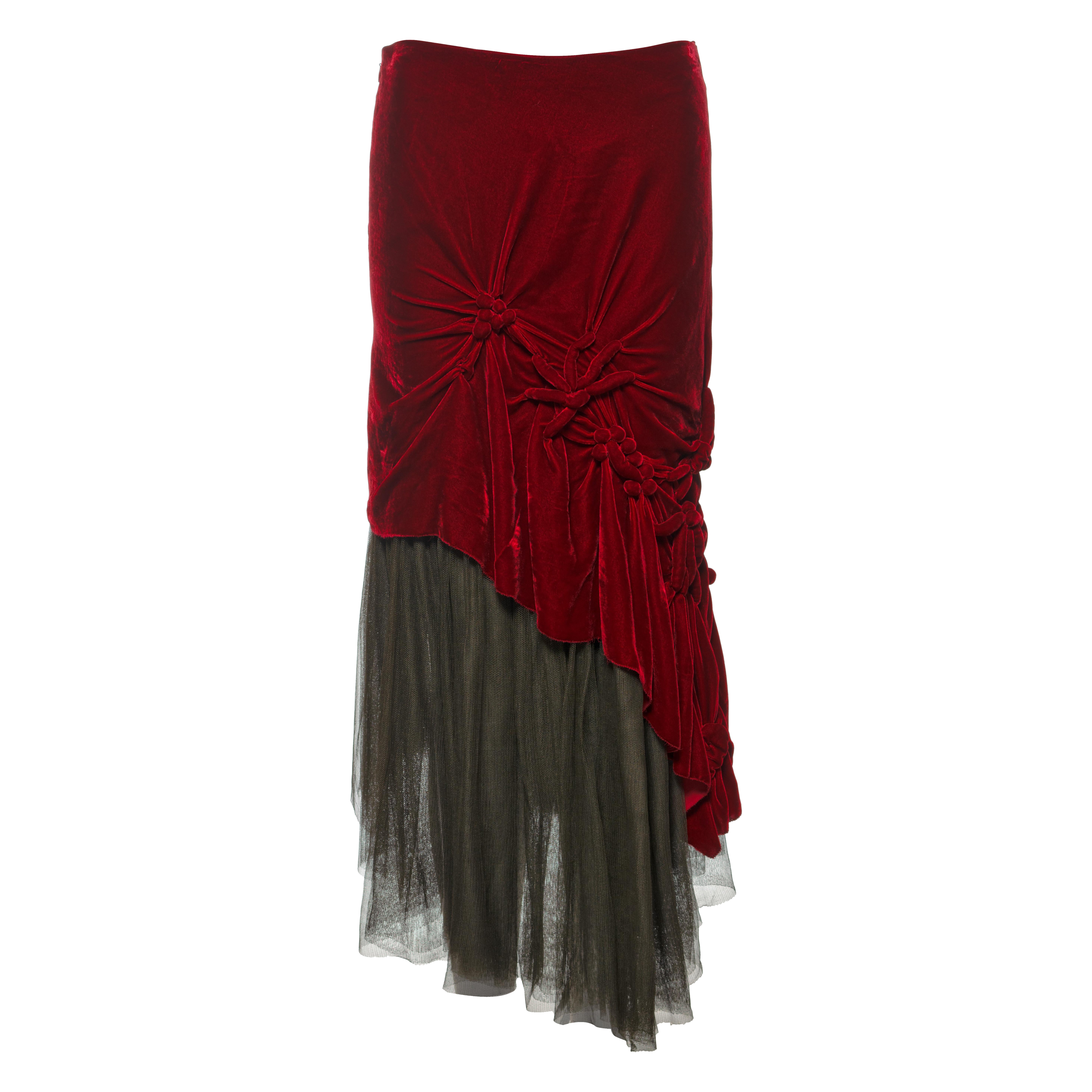 Jean Paul Gaultier Layered Red Velvet and Silk Tulle Asymmetric Skirt, FW 2005