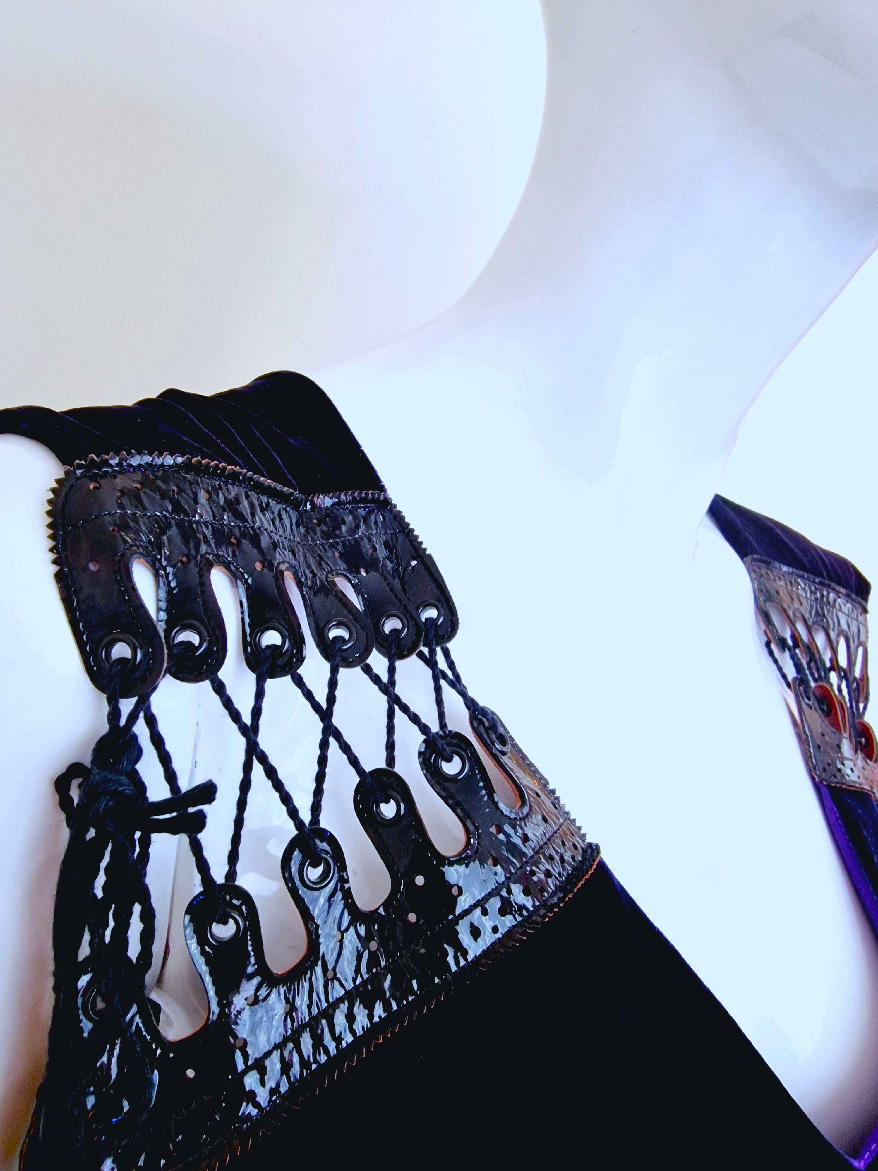 Jean Paul Gaultier Leather Corset Bow Velvet Touch Vintage Medium New Midi Dress For Sale 6