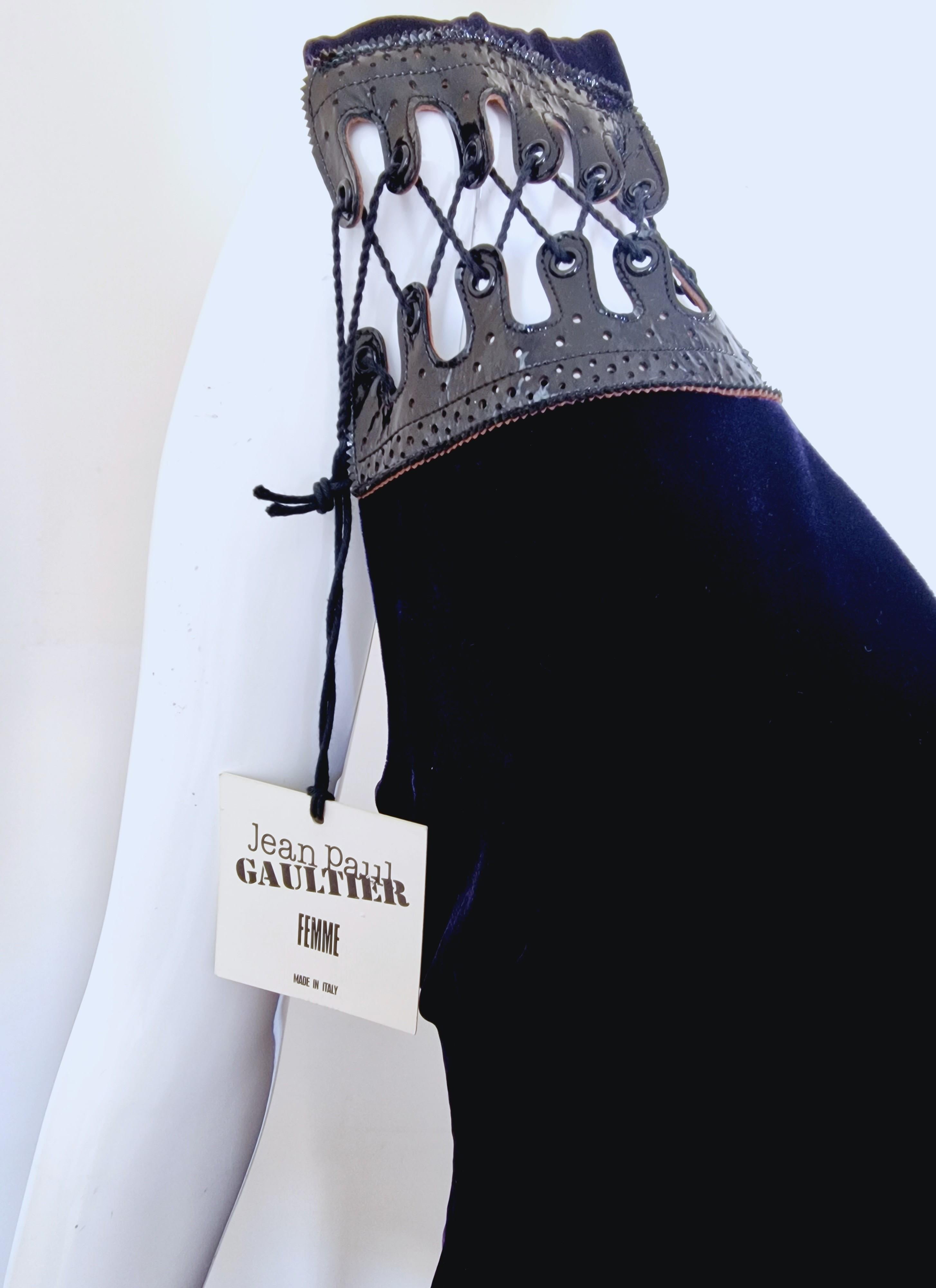 Jean Paul Gaultier Leather Corset Bow Velvet Touch Vintage Medium New Midi Dress In New Condition For Sale In PARIS, FR