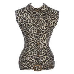 Vintage Jean Paul Gaultier leopard print denim corseted hourglass waistcoat, ss 1989