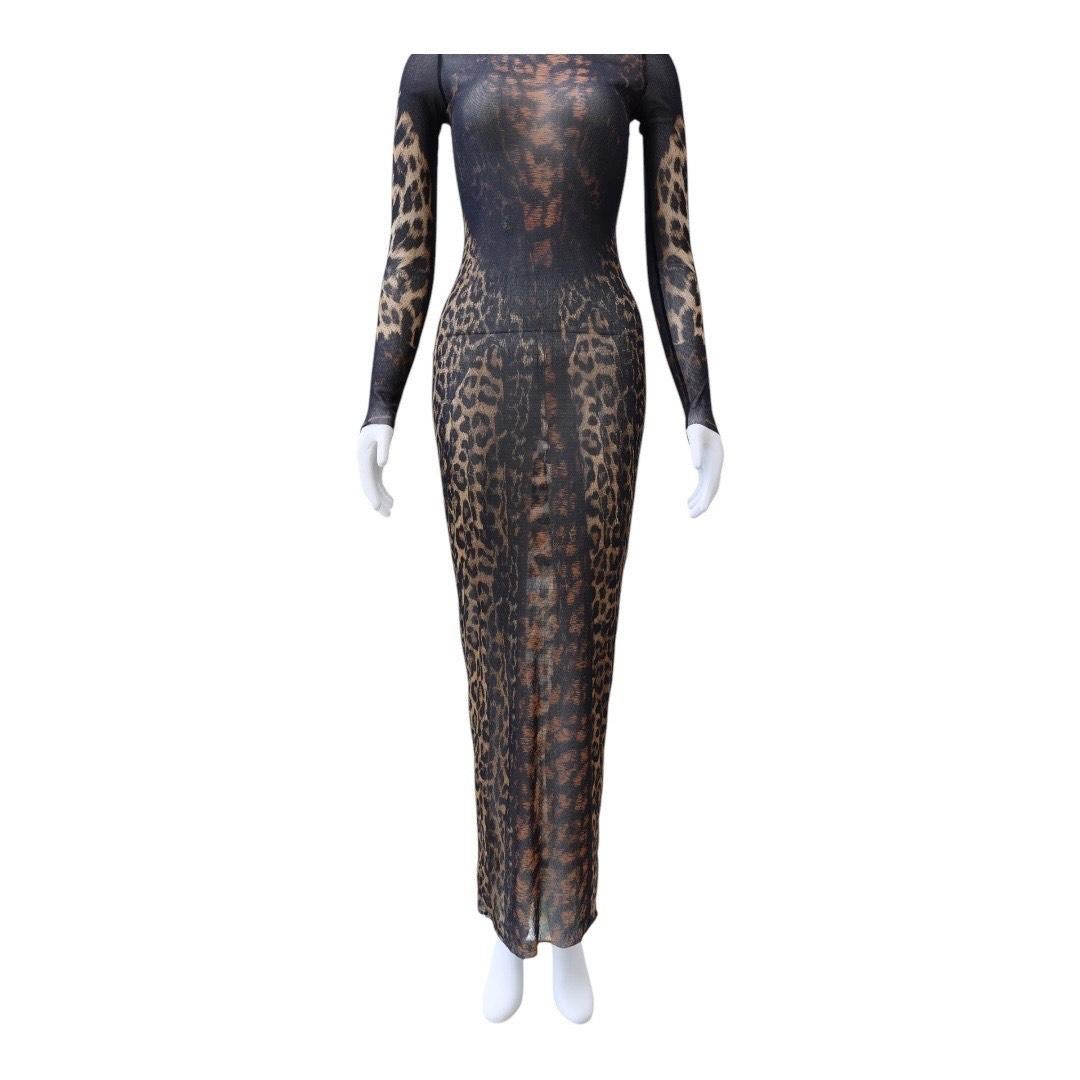 Jean Paul Gaultier - Robe longue en maille et dentelle imprimée léopard en vente 1