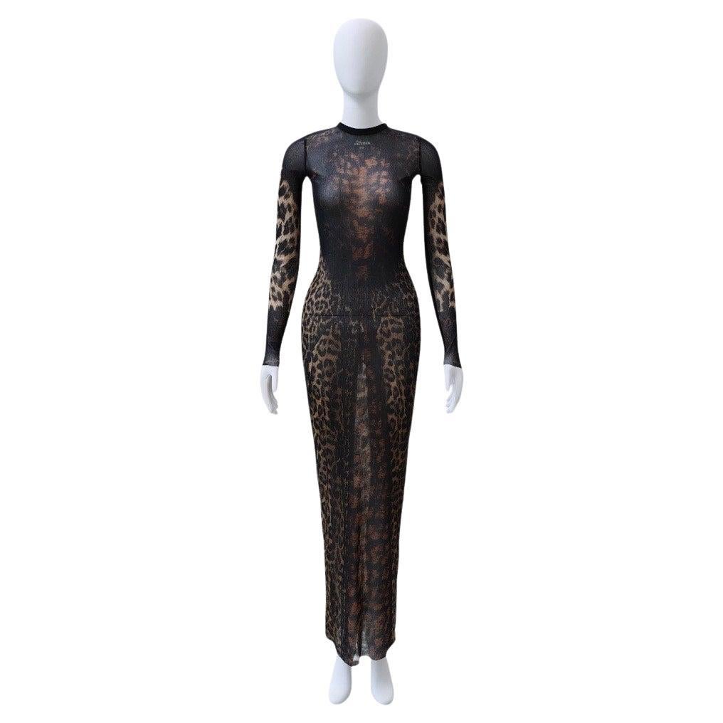 Maxivestido de malla con etiqueta de encaje y estampado de leopardo Jean Paul Gaultier
