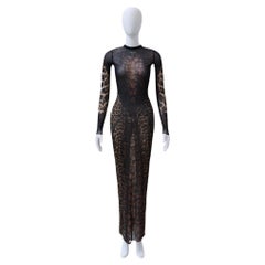 Jean Paul Gaultier Leopard-Print Lace Label Mesh Maxi Dress