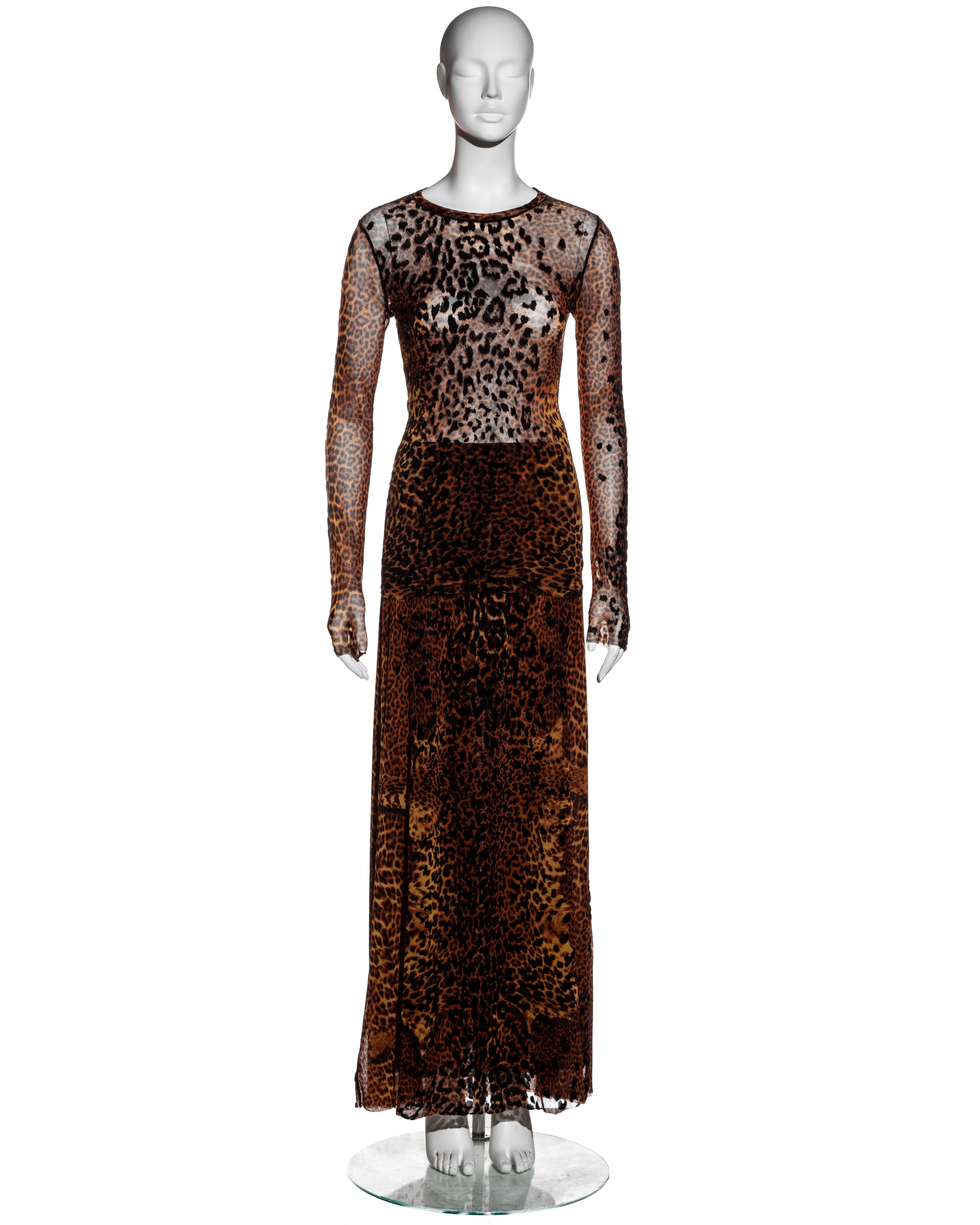 ▪ Jean Paul Gaultier leopard print mesh 3-piece set 
▪ Nylon mesh 
▪ Black velvet detail throughout in matching print 
▪ Long sleeve fitted top
▪ Vest with high turtle neck 
▪ Maxi skirt with lining 
▪ Size Large (sizing flexible) 
▪ Fall-Winter 2004