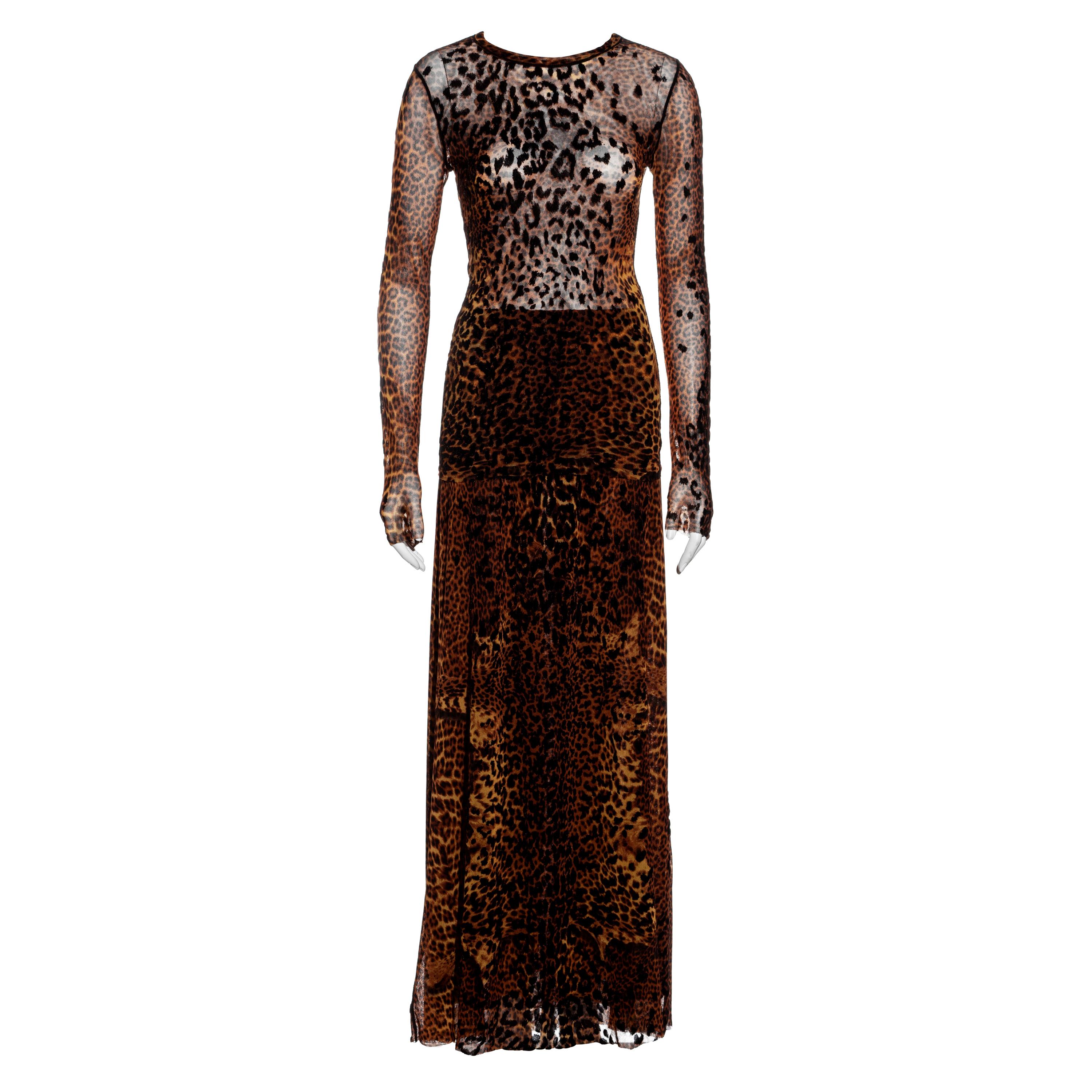 Jean Paul Gaultier leopard print mesh skirt, top and vest 3 piece set, fw 2004