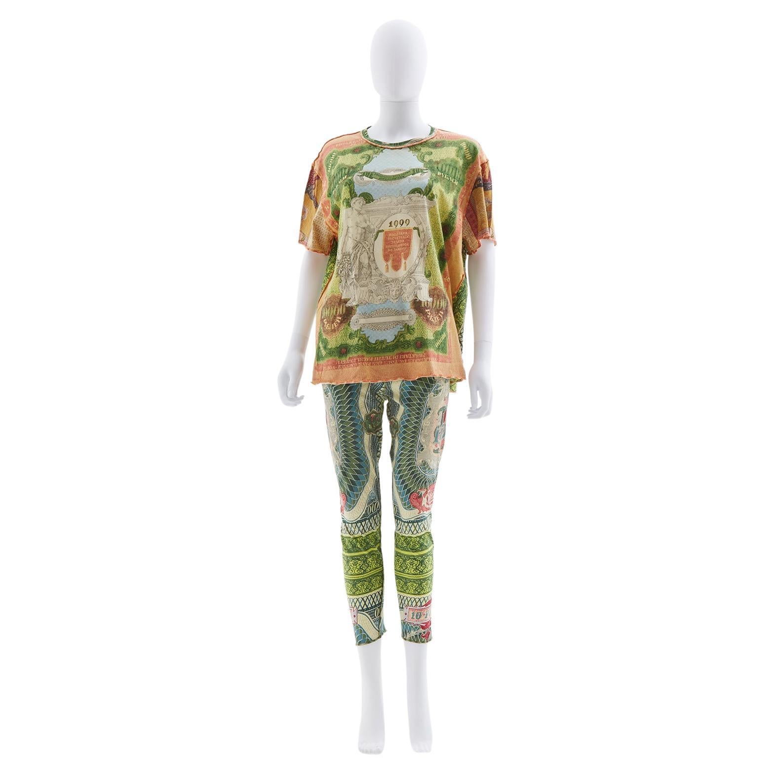 Jean Paul Gaultier “Les Tatouages” baroque dollar t-shirt and pants set, ss 1994 For Sale