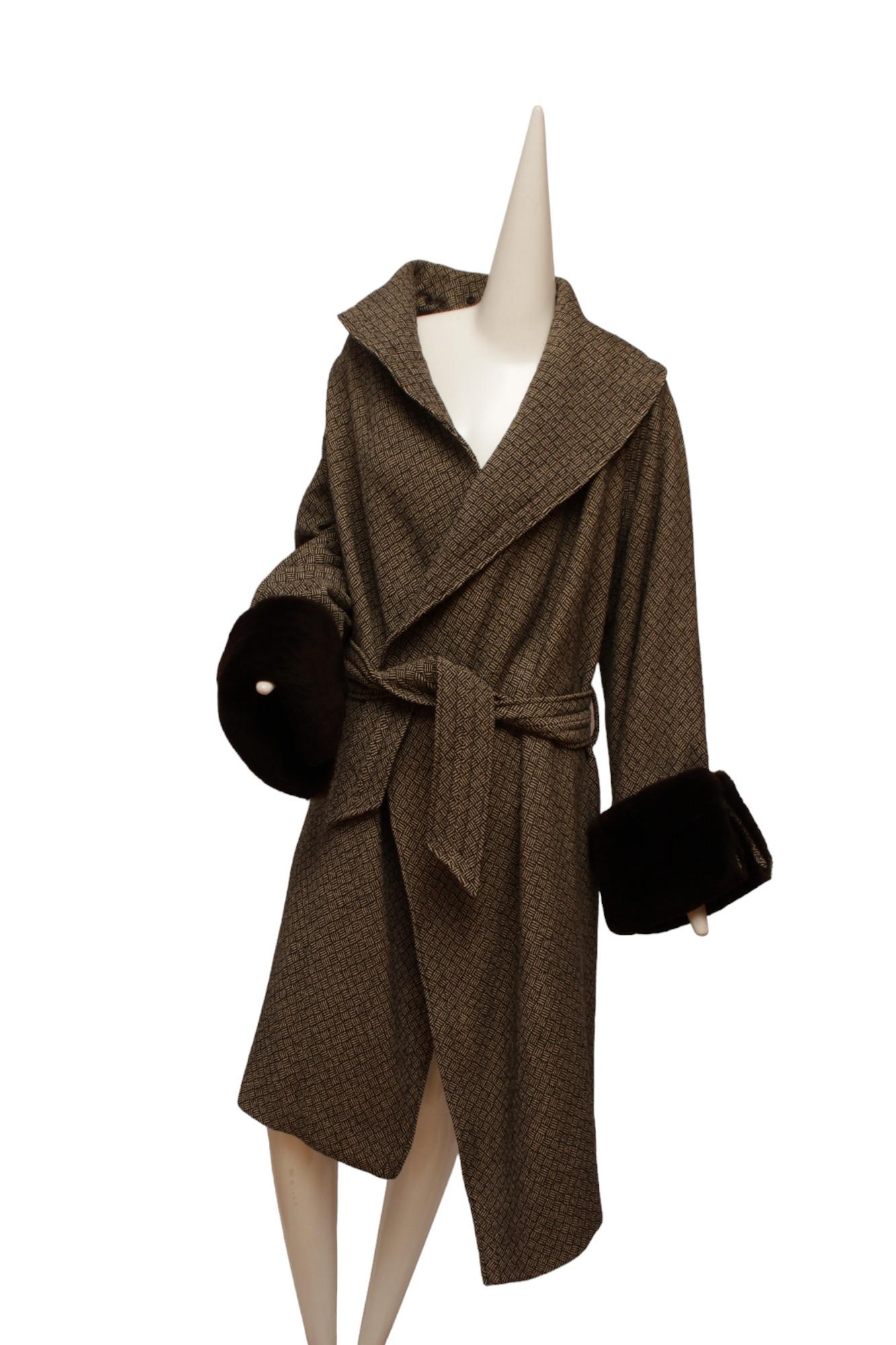JEAN PAUL GAULTIER, long cross hatch black and white print, faux fur cuffs coat For Sale 5