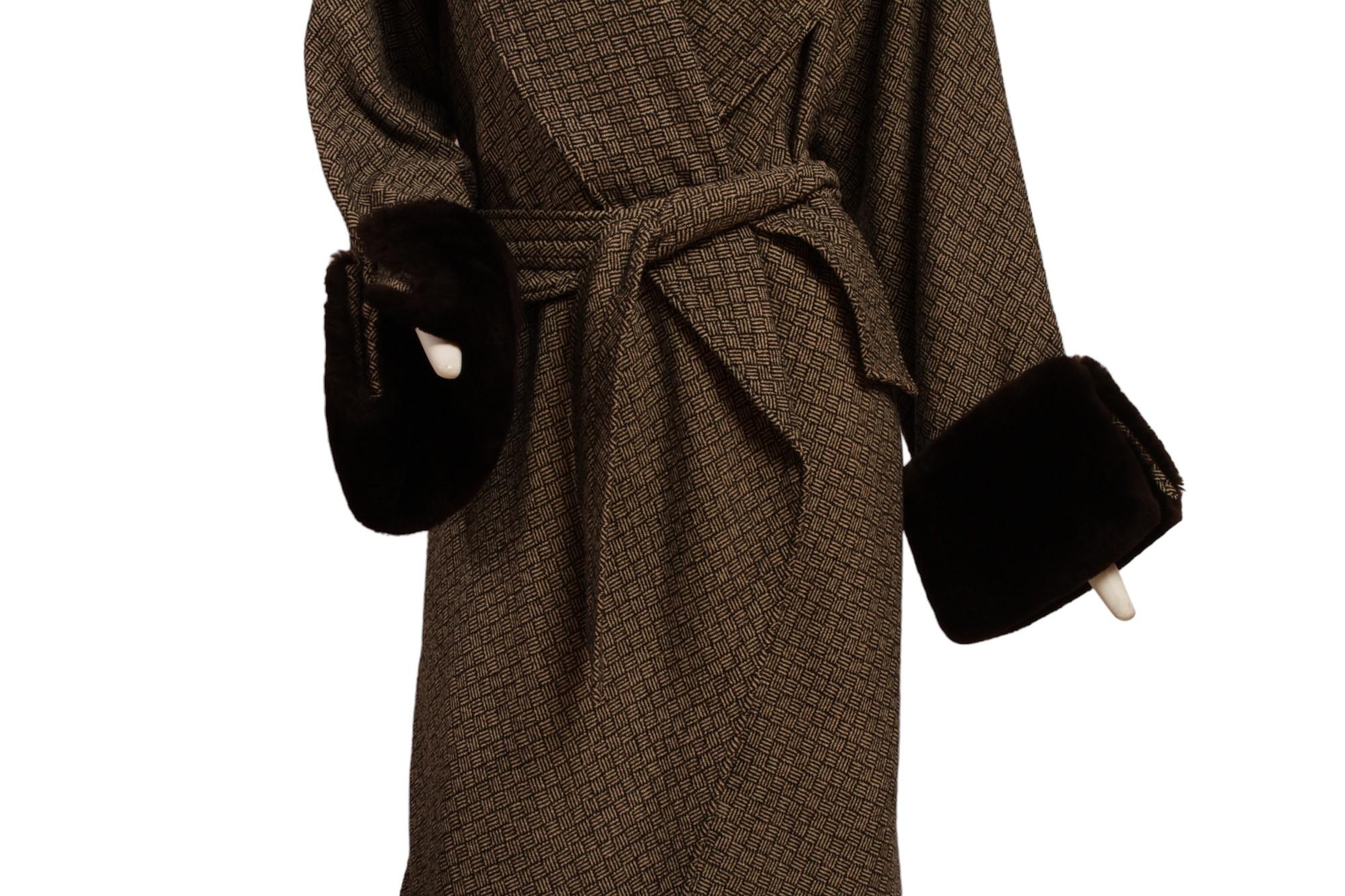 JEAN PAUL GAULTIER, long cross hatch black and white print, faux fur cuffs coat For Sale 6