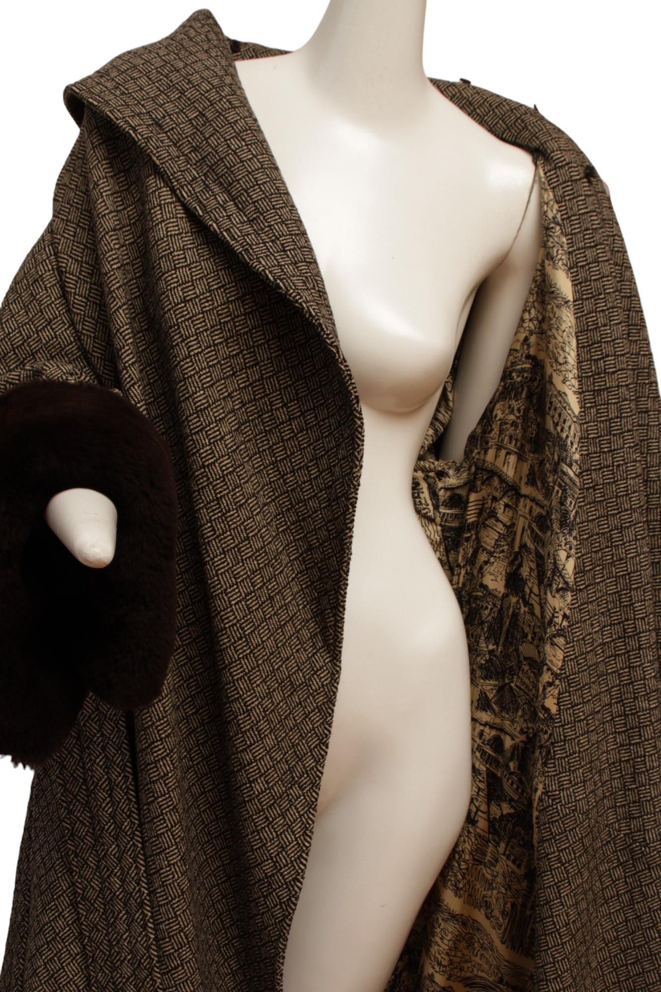 JEAN PAUL GAULTIER, long cross hatch black and white print, faux fur cuffs coat For Sale 7