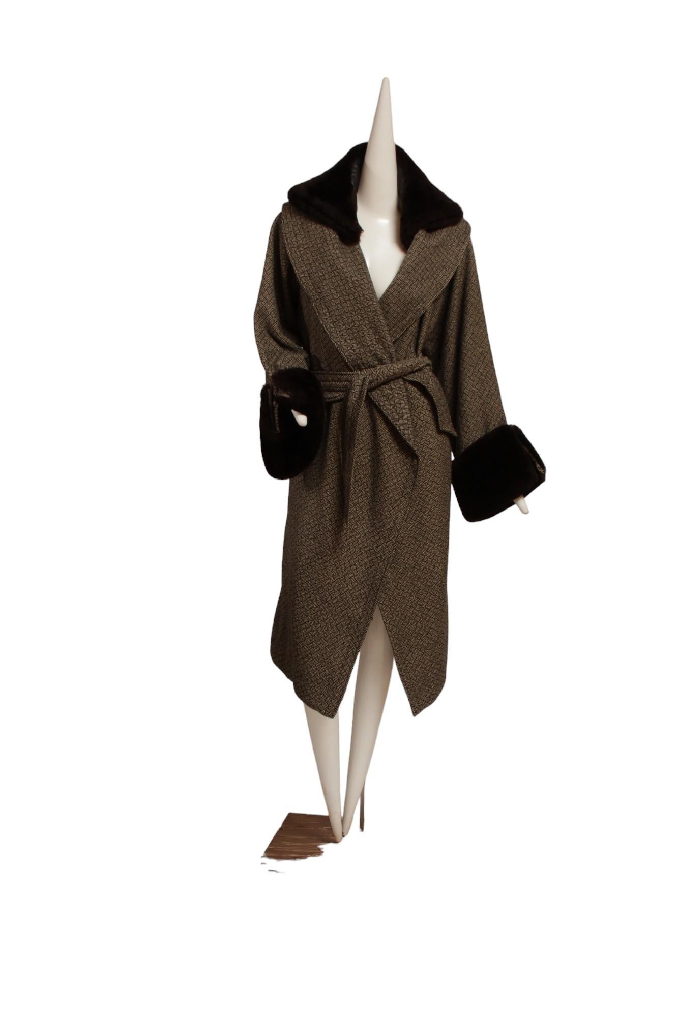 Black JEAN PAUL GAULTIER, long cross hatch black and white print, faux fur cuffs coat For Sale
