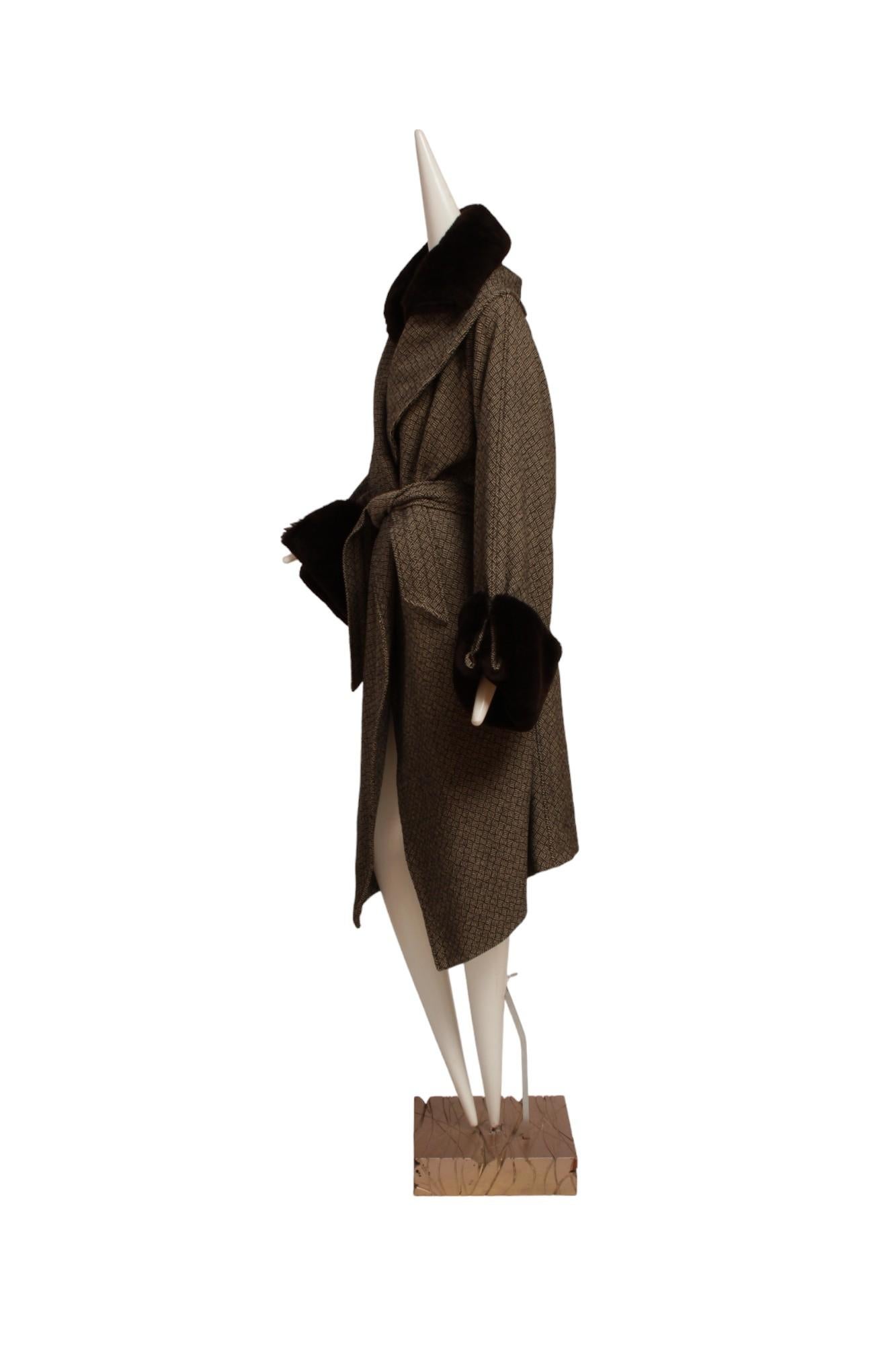 JEAN PAUL GAULTIER, long cross hatch black and white print, faux fur cuffs coat In Excellent Condition For Sale In Kingston, NY
