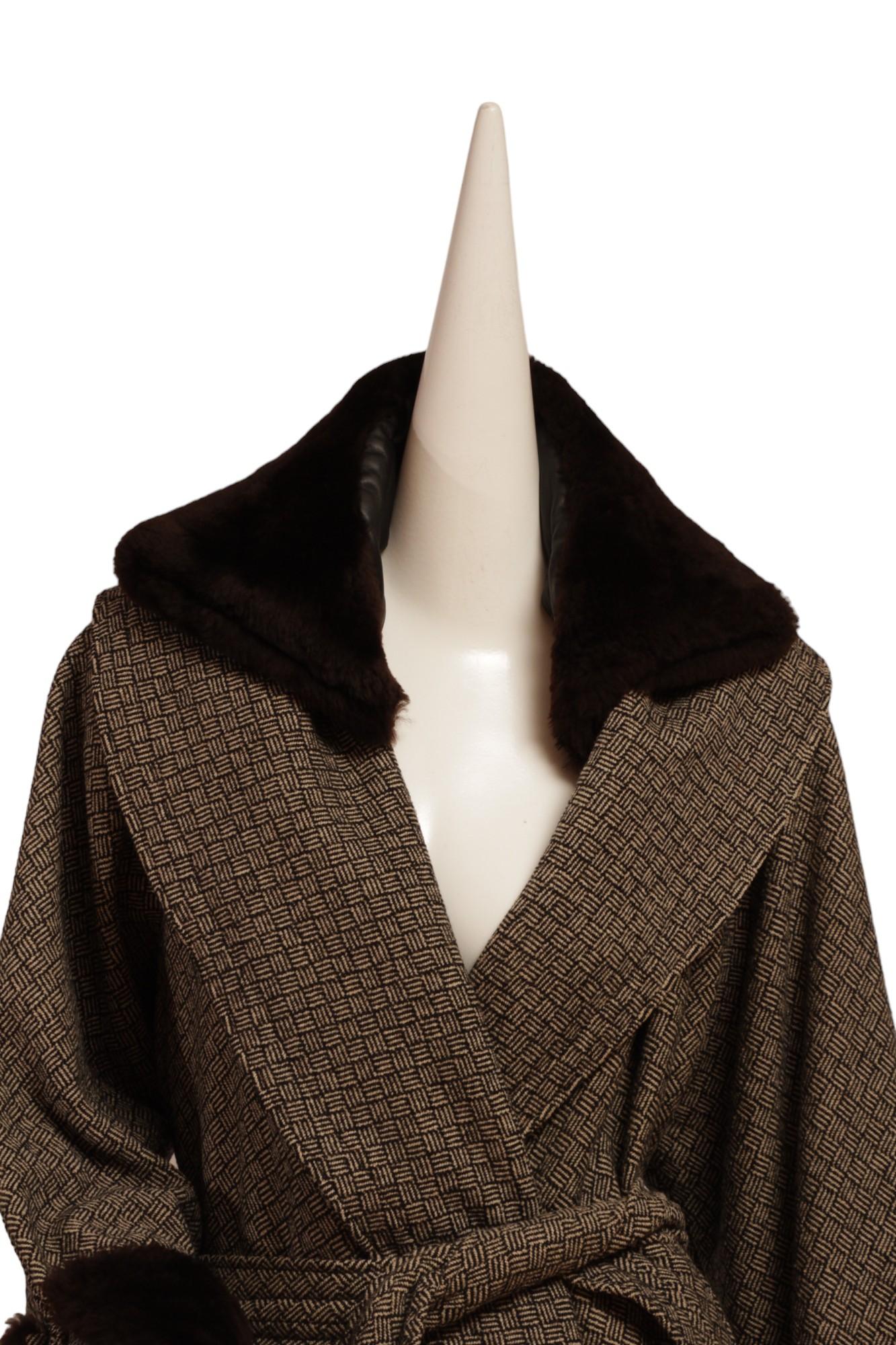 Women's JEAN PAUL GAULTIER, long cross hatch black and white print, faux fur cuffs coat For Sale