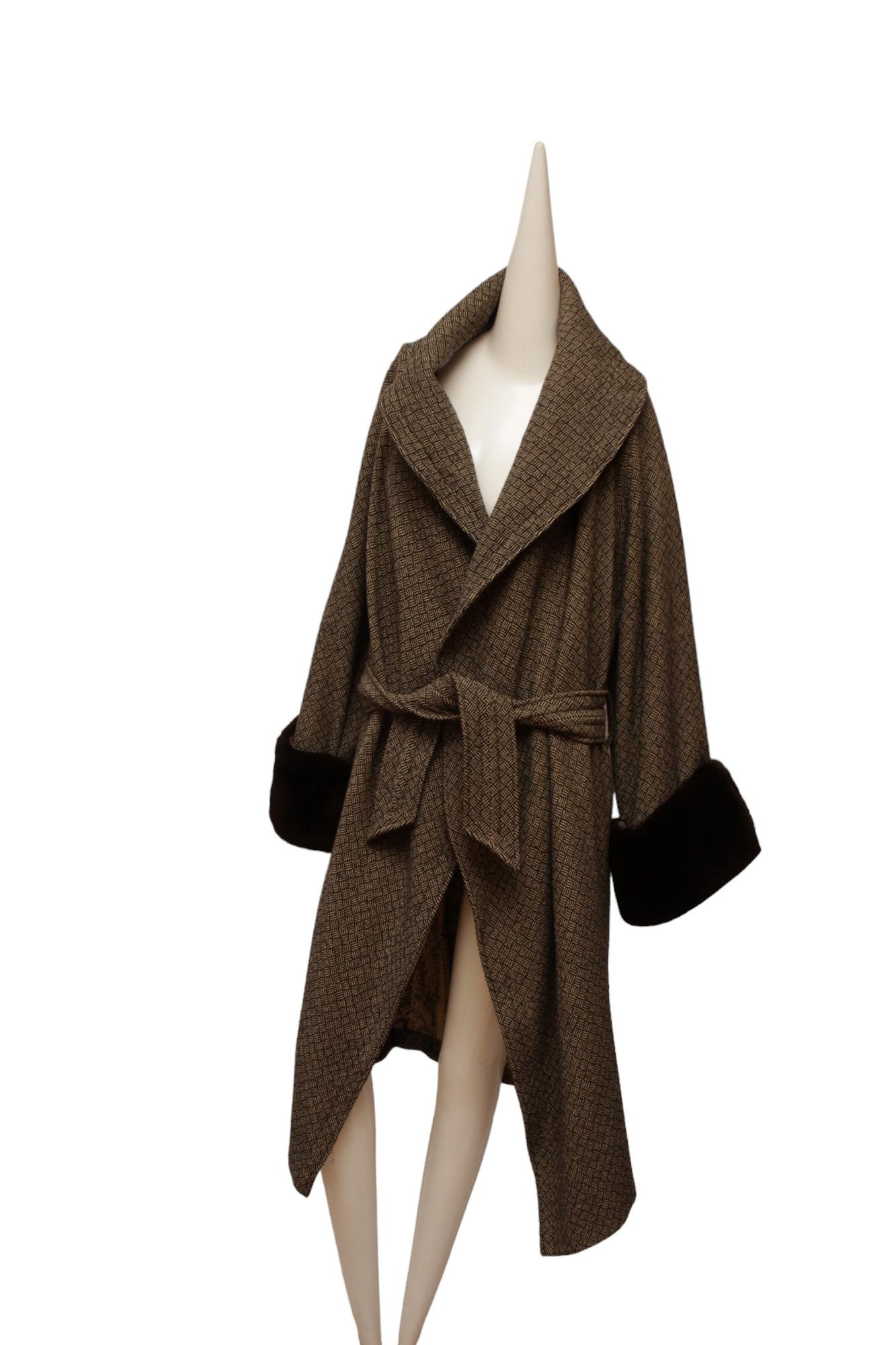 JEAN PAUL GAULTIER, long cross hatch black and white print, faux fur cuffs coat For Sale 1