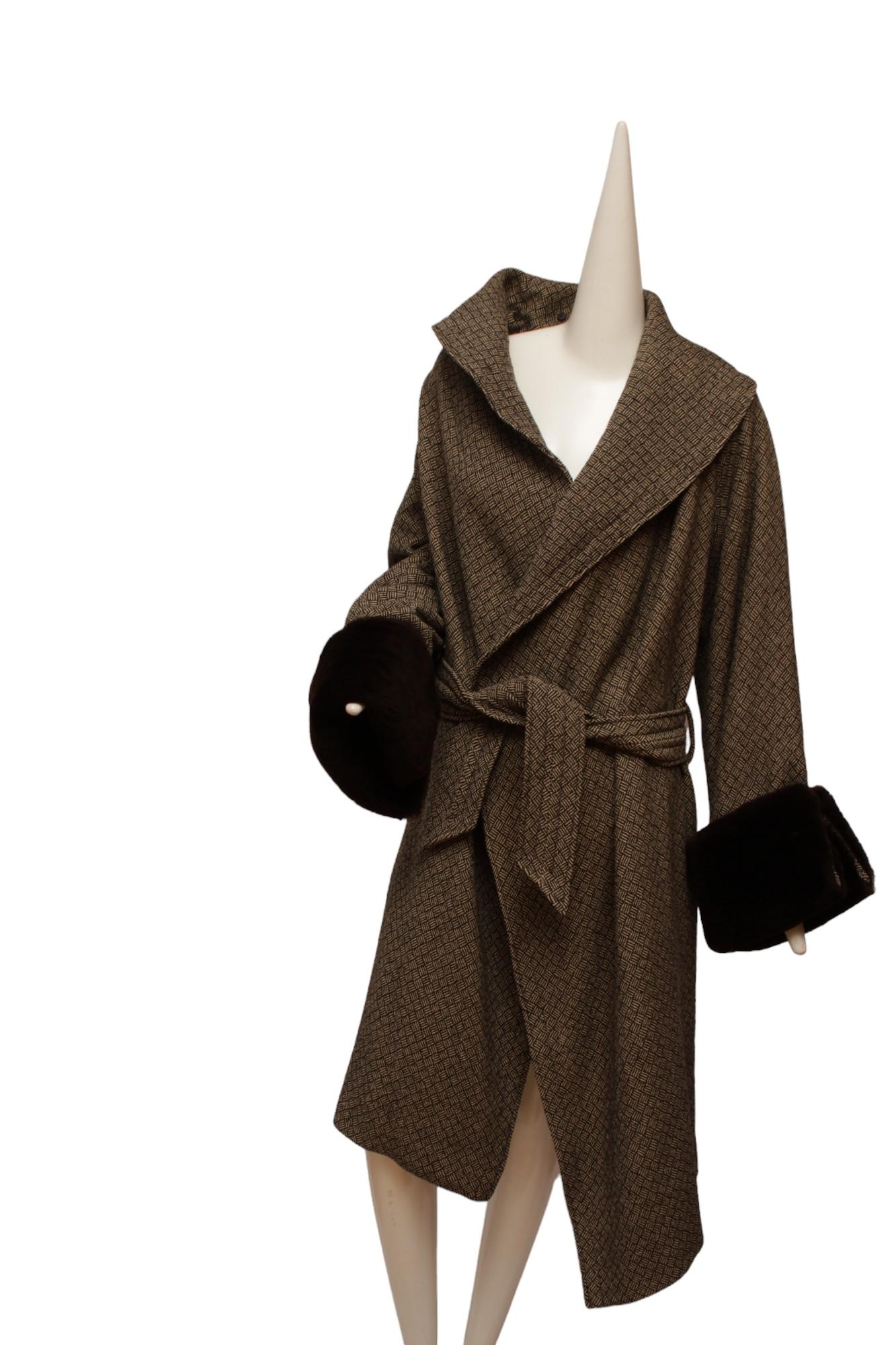 JEAN PAUL GAULTIER, long cross hatch black and white print, faux fur cuffs coat For Sale 2
