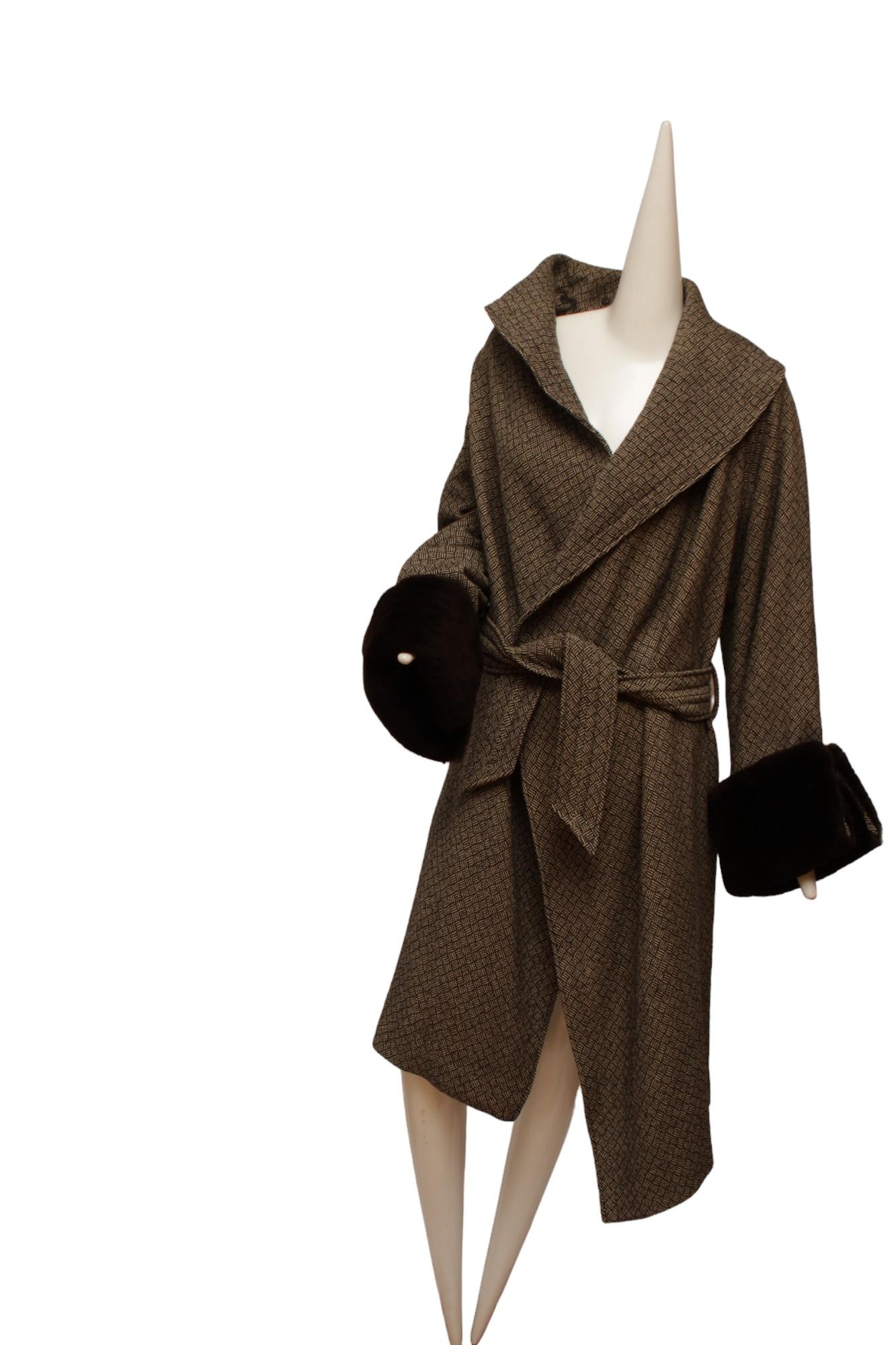 JEAN PAUL GAULTIER, long cross hatch black and white print, faux fur cuffs coat For Sale 3