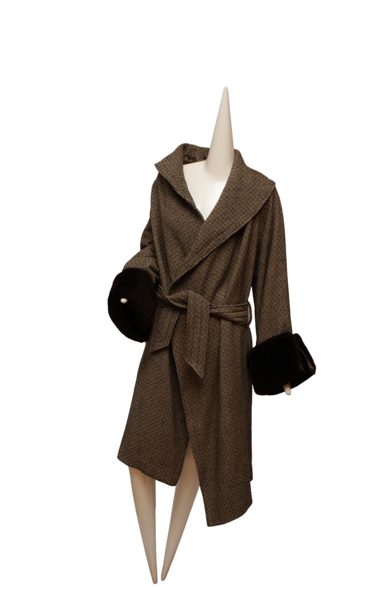JEAN PAUL GAULTIER, long cross hatch black and white print, faux fur cuffs coat For Sale 4