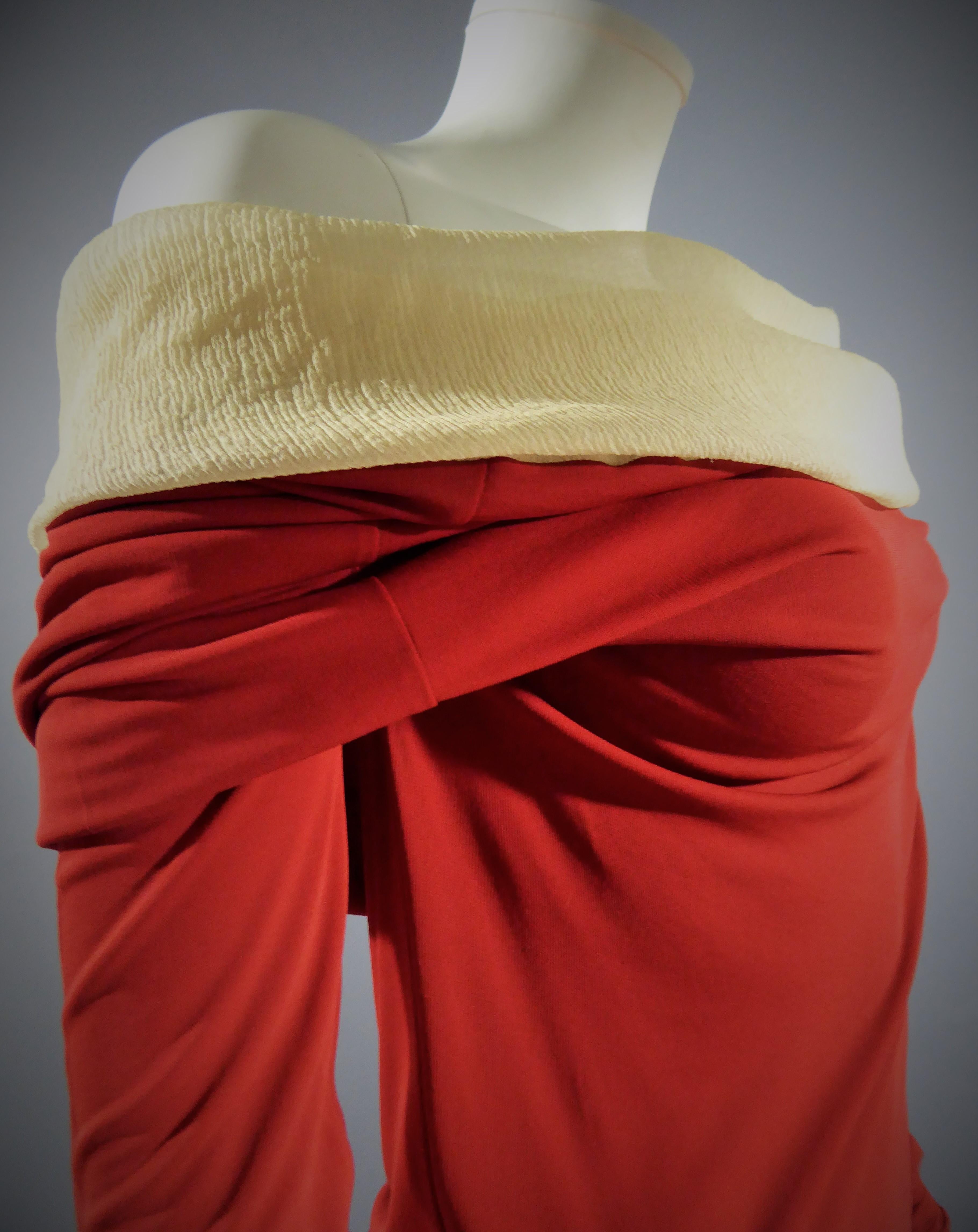 Jean Paul Gaultier Long Red Jersey Knit and Chiffon Dress, French Circa 1990 For Sale 7