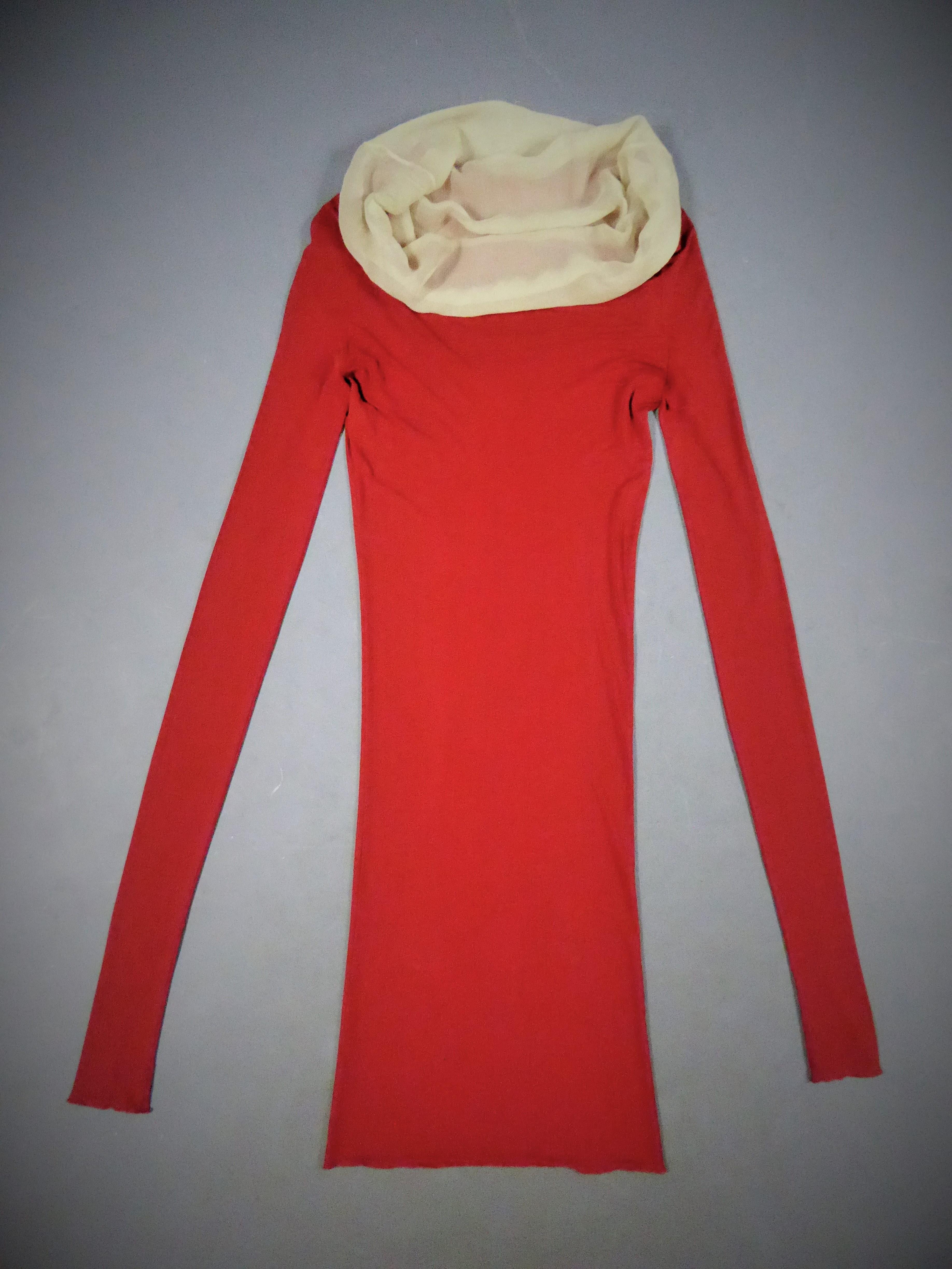 Jean Paul Gaultier Long Red Jersey Knit and Chiffon Dress, French Circa 1990 For Sale 8
