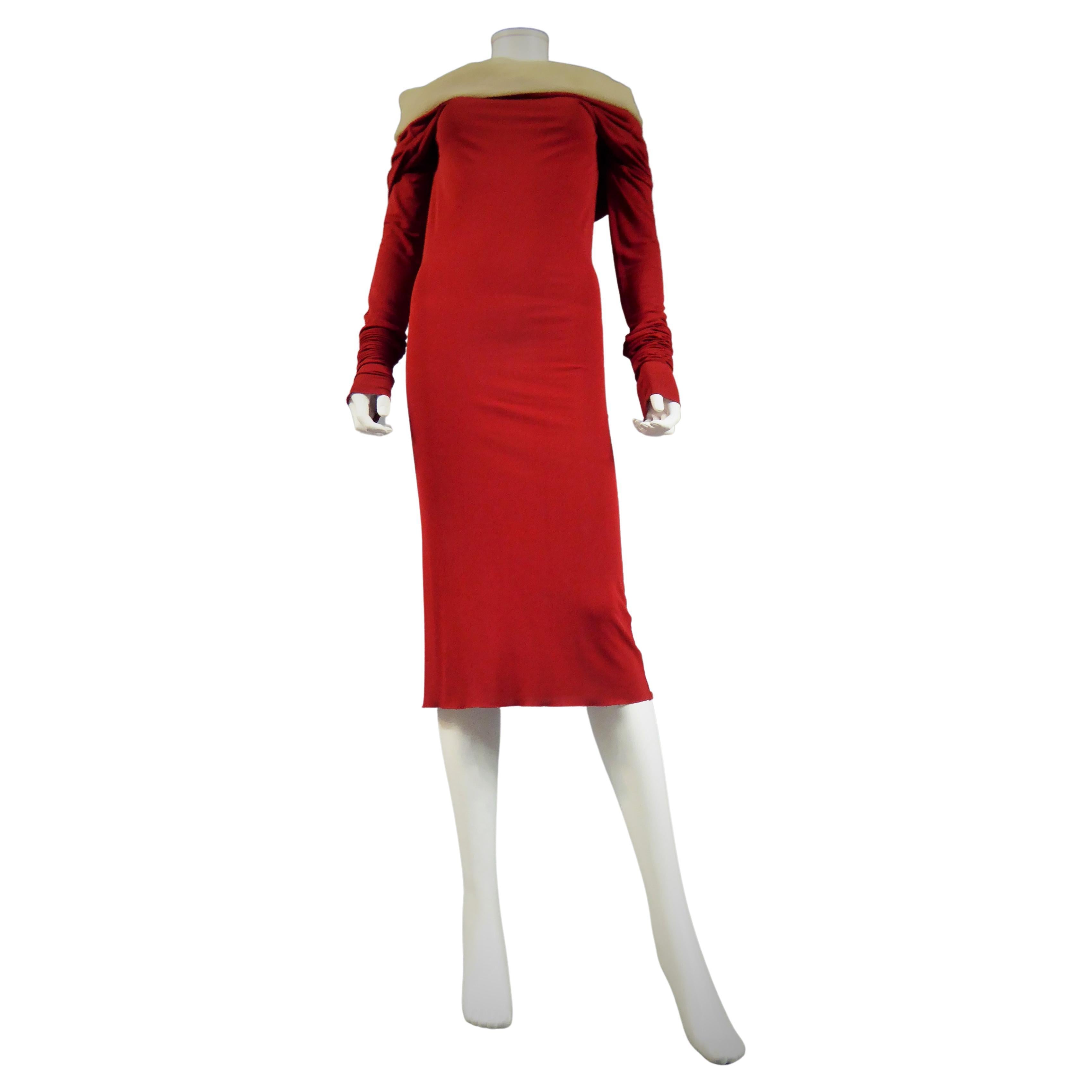 Jean Paul Gaultier Long Red Jersey Knit and Chiffon Dress, French Circa 1990