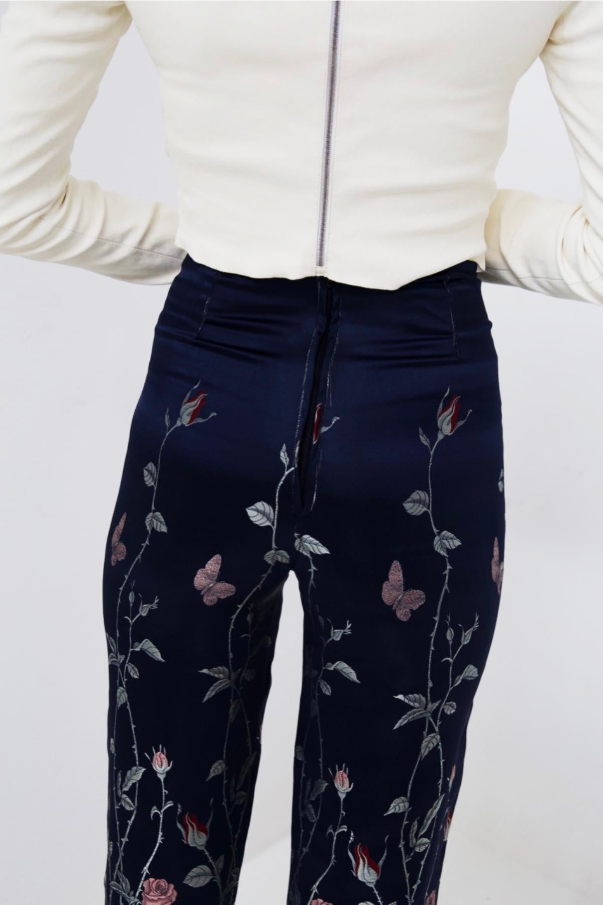 Jean Paul Gaultier Long Silk Satin Trousers w Roses 5
