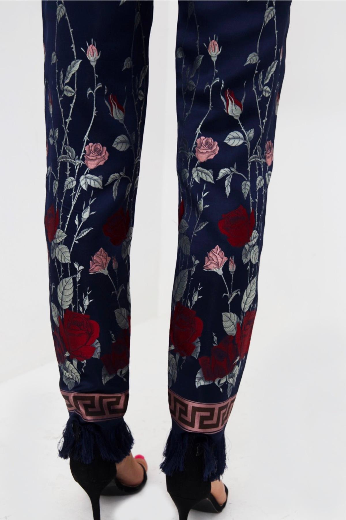 Jean Paul Gaultier Long Silk Satin Trousers w Roses 6