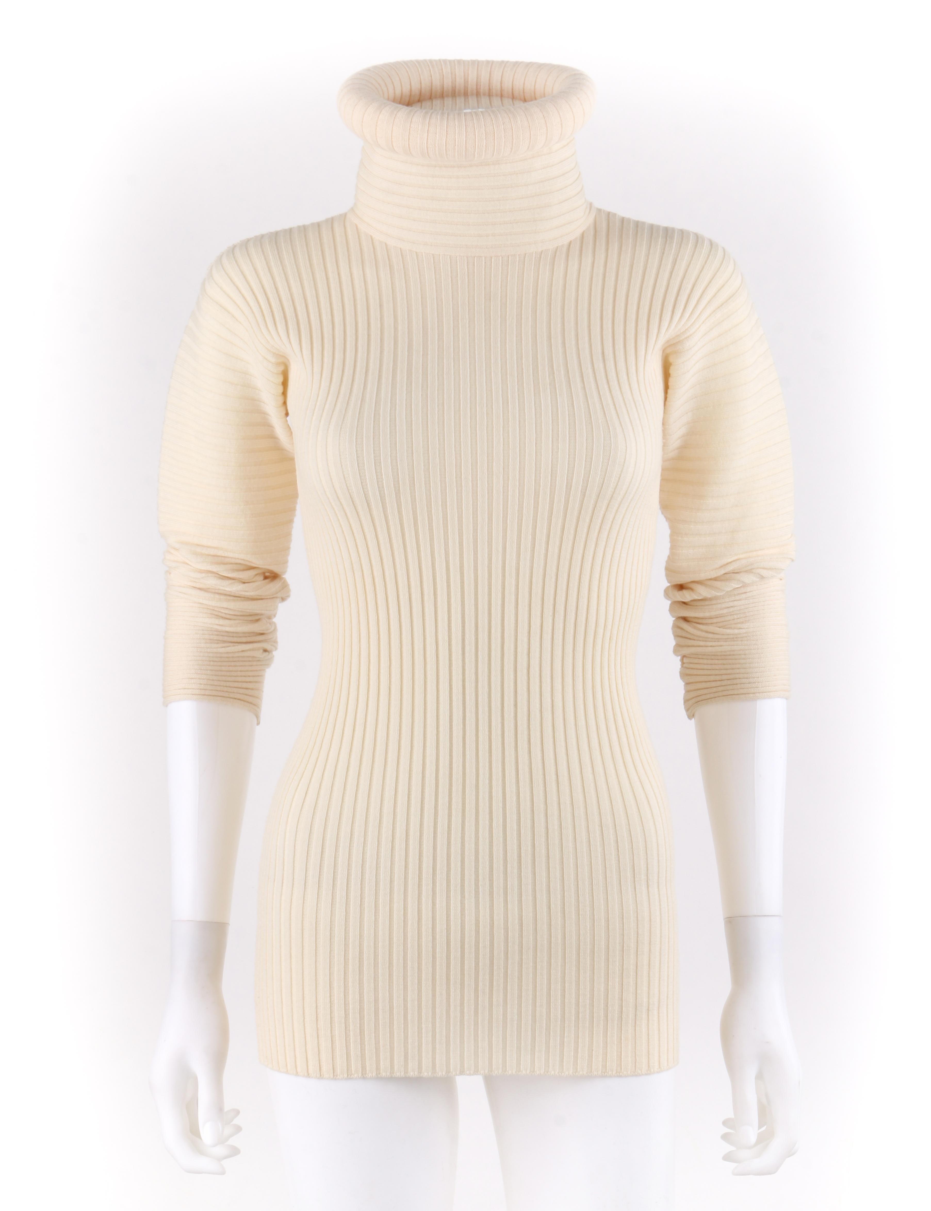 JEAN PAUL GAULTIER Mailie c.1990’s Ivory Tube Turtleneck Ribbed Knit Wool Sweater
 
Circa: 1990’s
Label(s): Jean Paul Gaultier / Maile   
Style: Sweater
Color(s): Ivory 
Lined: No
Marked Fabric Content: 100% Wool 
Additional Details / Inclusions: