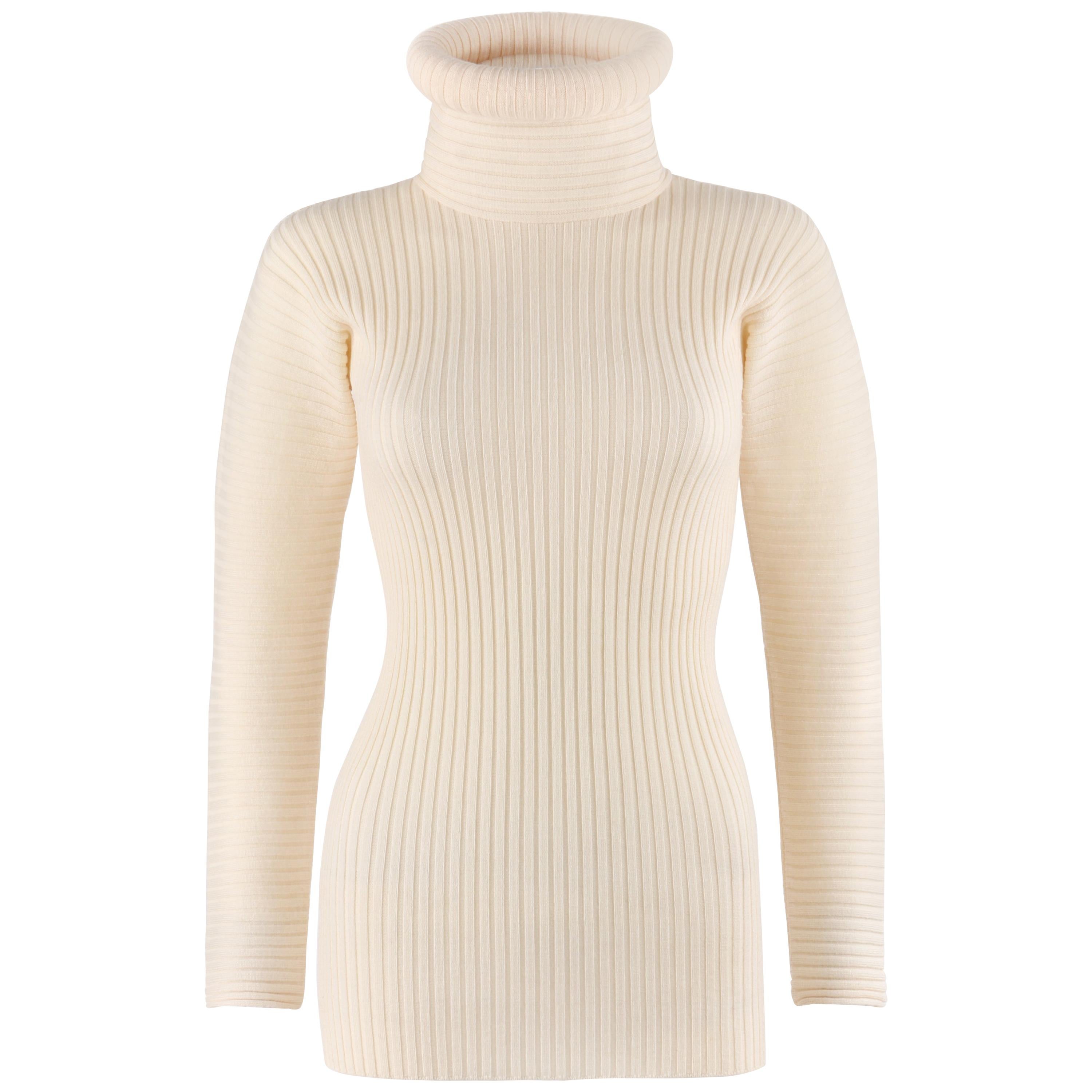 JEAN PAUL GAULTIER Mailie c.1990’s Ivory Turtleneck Ribbed Knit Wool Sweater