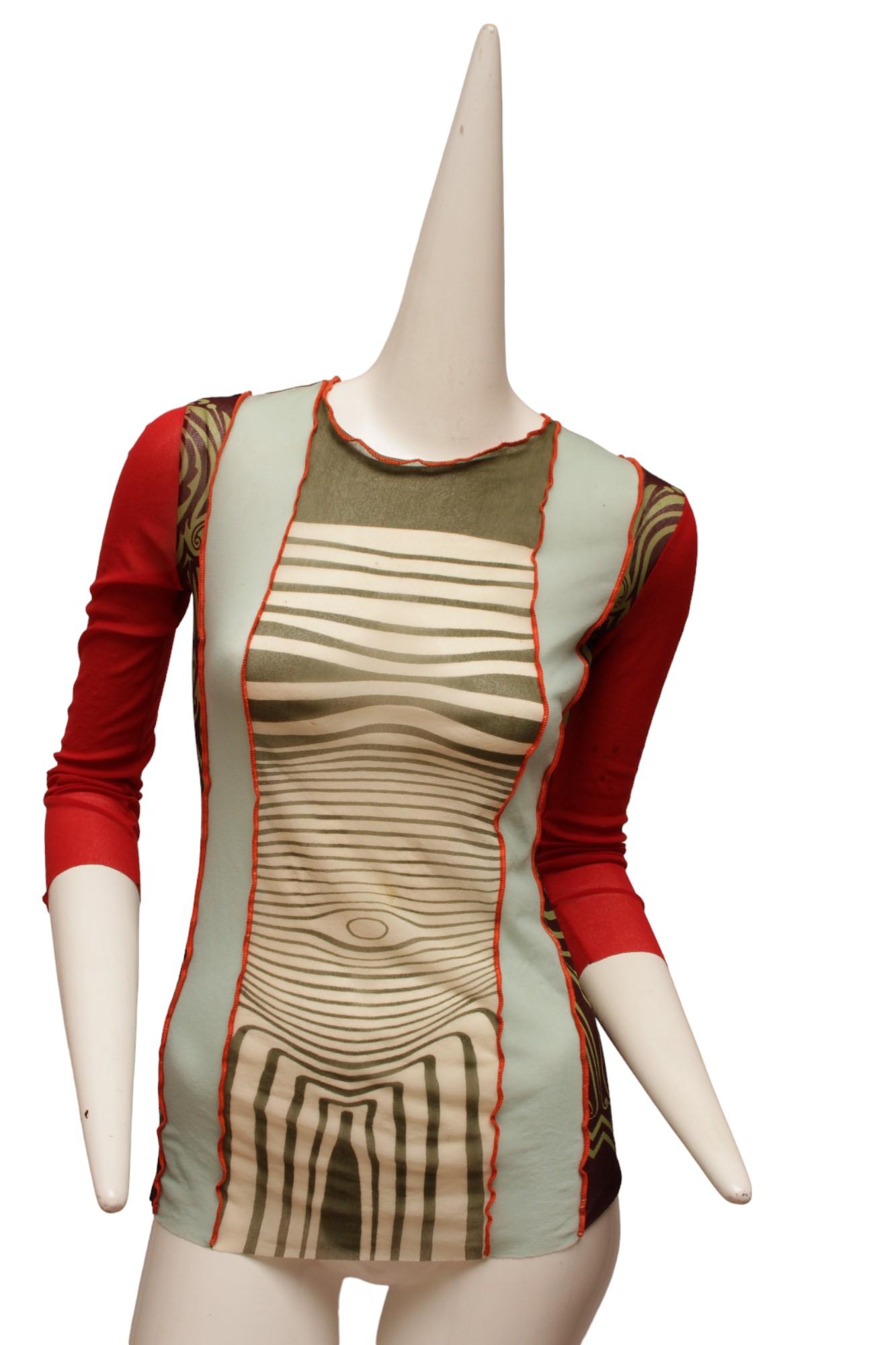 JEAN PAUL GAULTIER, Maille, MESH, 1996 Cyberbaba Body Map Optical Illusion long sleeve top.

Marked size Small: Back length 27