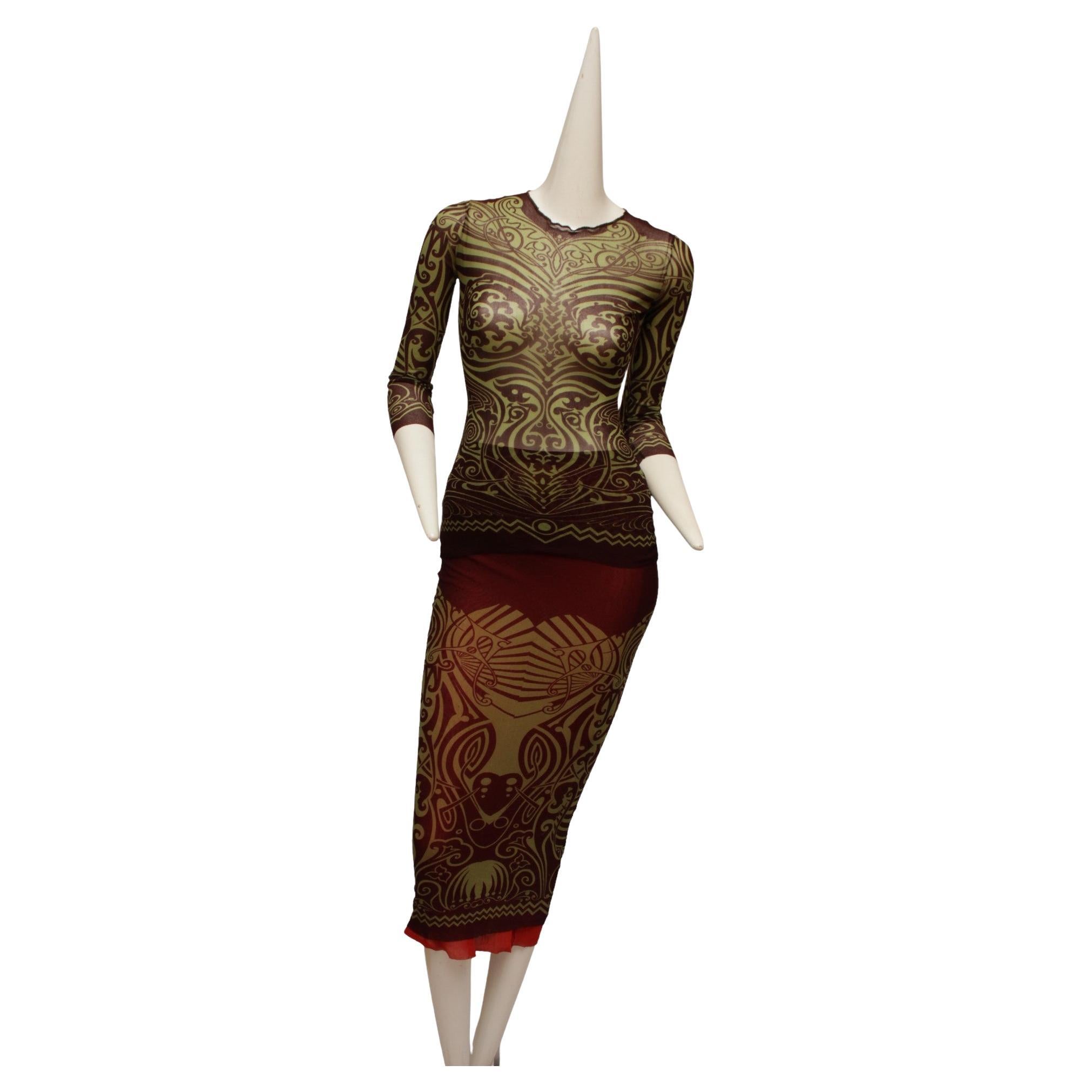 Jean Paul Gaultier Maille 1996 P/E Tattoo Maori Top e Gonna Reversibile in vendita