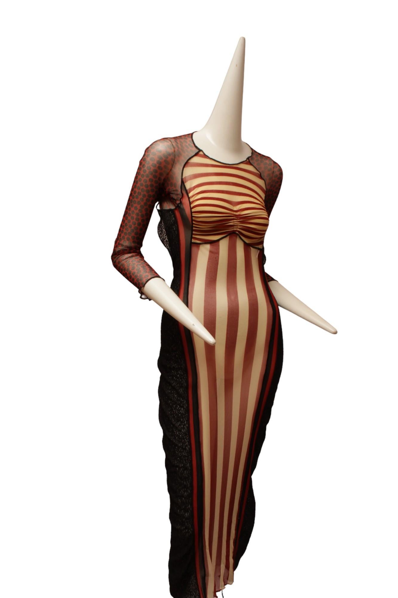 Brown JEAN PAUL GAULTIER, Maille, 1996 S/S, Red, Black and Ecru Dress For Sale