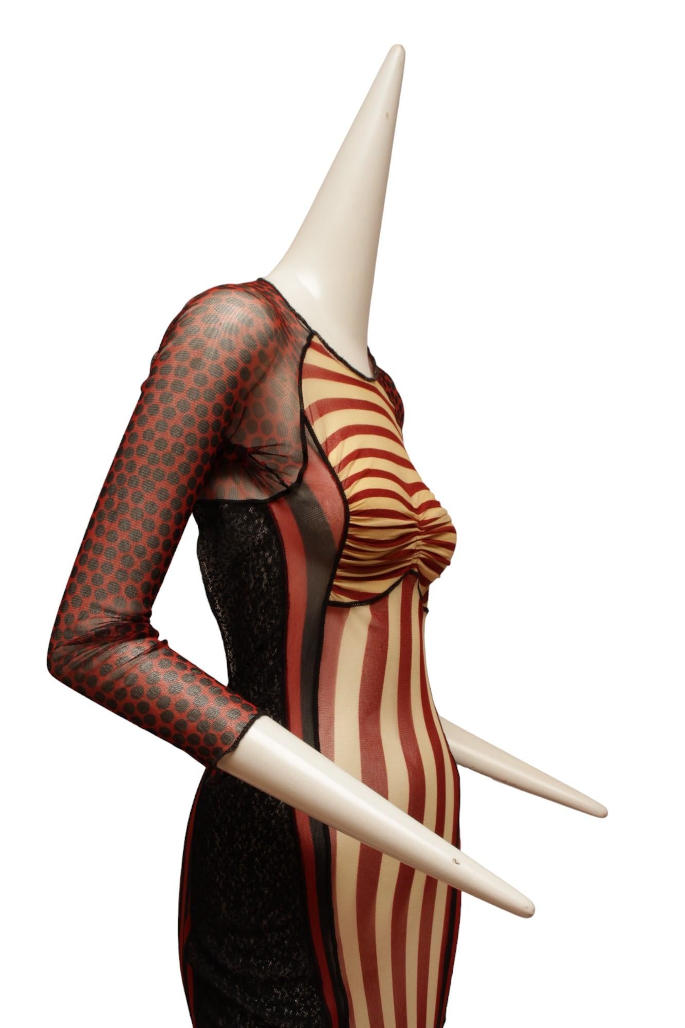 JEAN PAUL GAULTIER, Maille, 1996 S/S, Red, Black and Ecru Dress In Good Condition For Sale In Kingston, NY