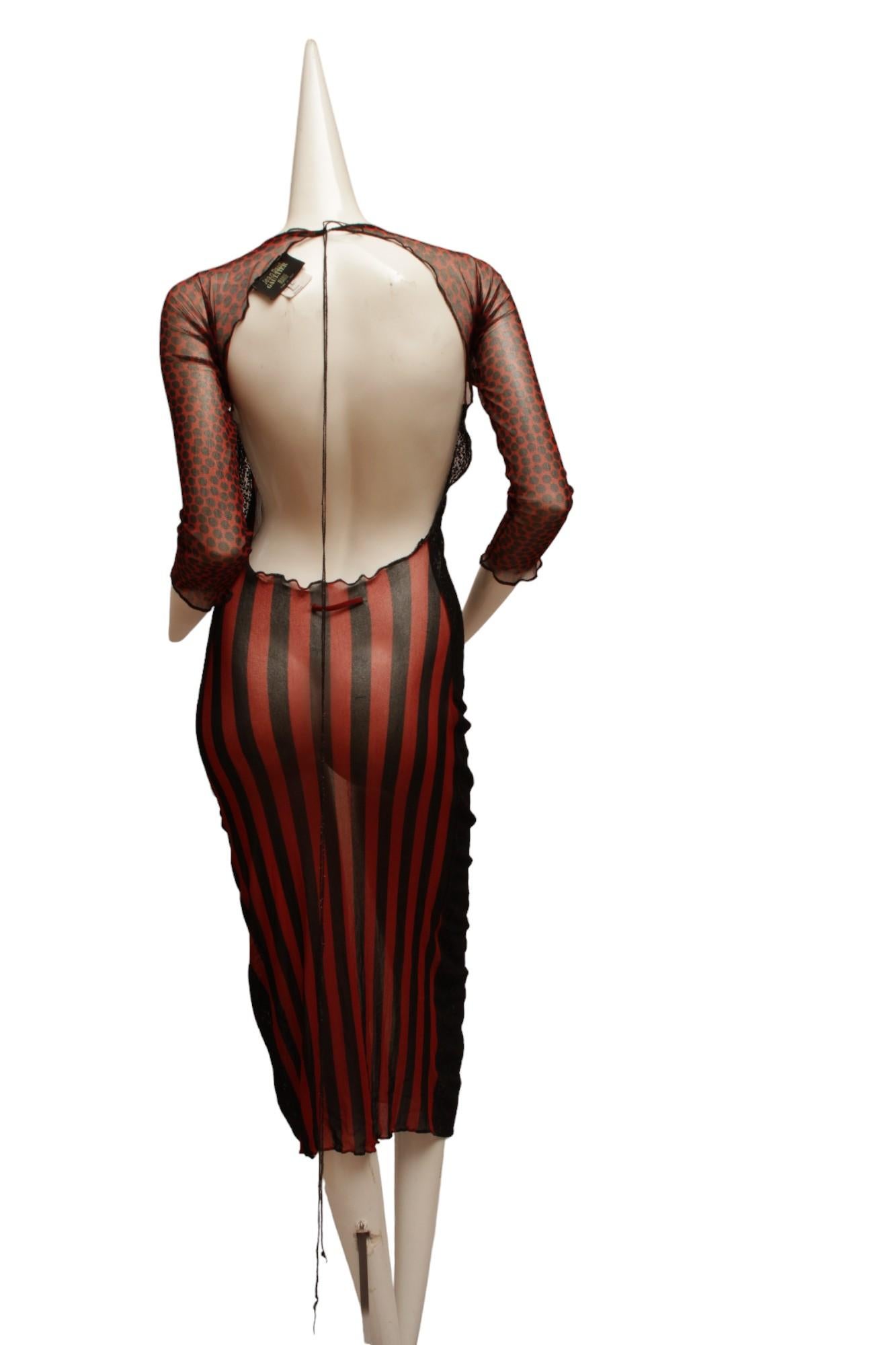 JEAN PAUL GAULTIER, Maille, 1996 S/S, Red, Black and Ecru Dress For Sale 3