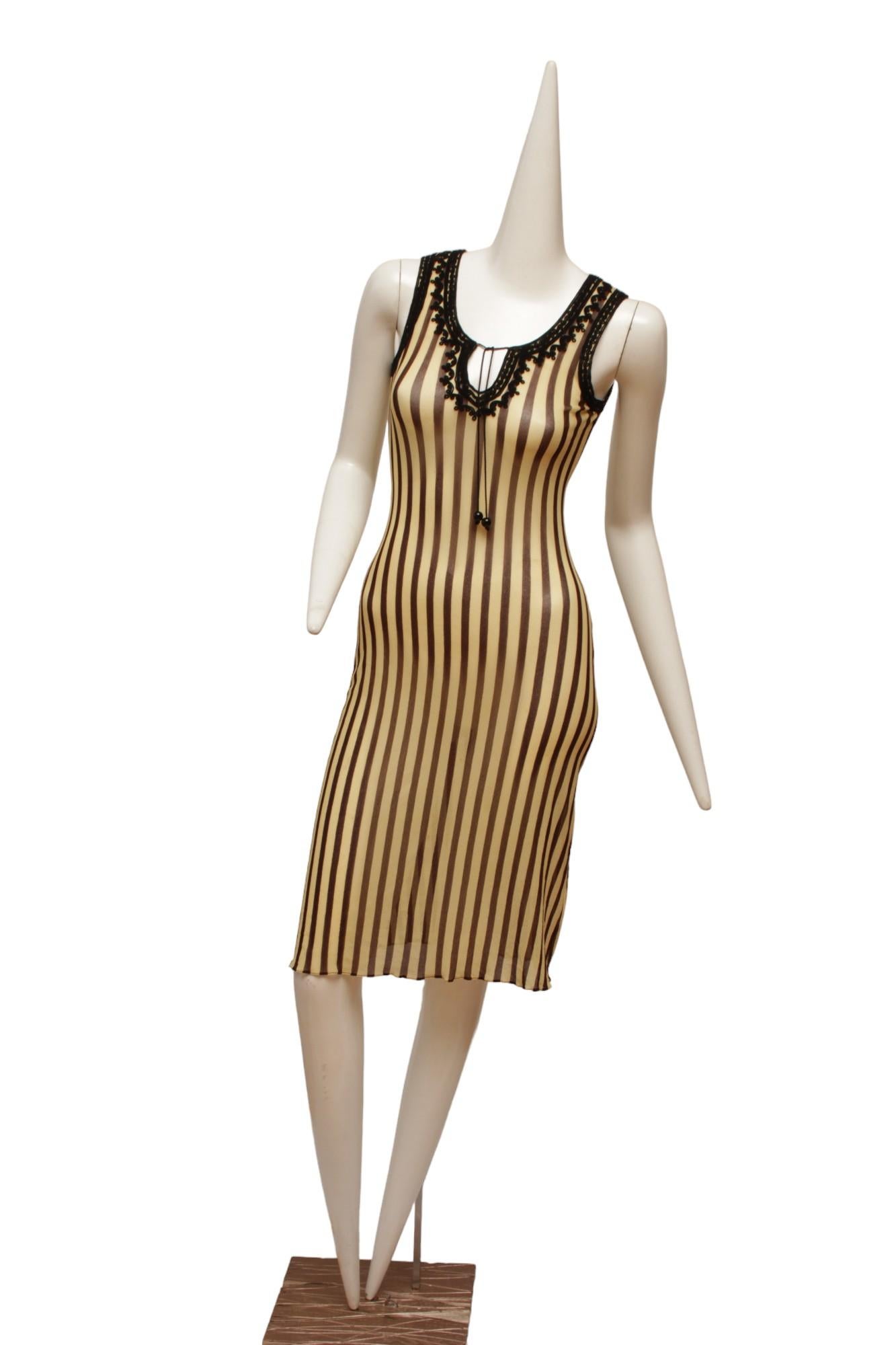 Jean Paul Gaultier Maille 90's Brown and Cream Stripe Sleeveless Dress In Excellent Condition In Kingston, NY