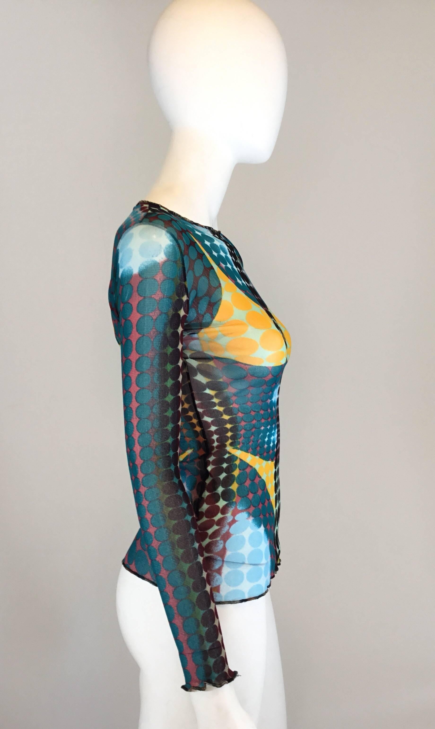 Jean Paul Gaultier top features a multicolored print that creates the illusion of a bikini. Made of 100% nylon, size XL, made in Italy.

bust 31'', sleeves 22'', shoulder to shoulder 15'', length 23''