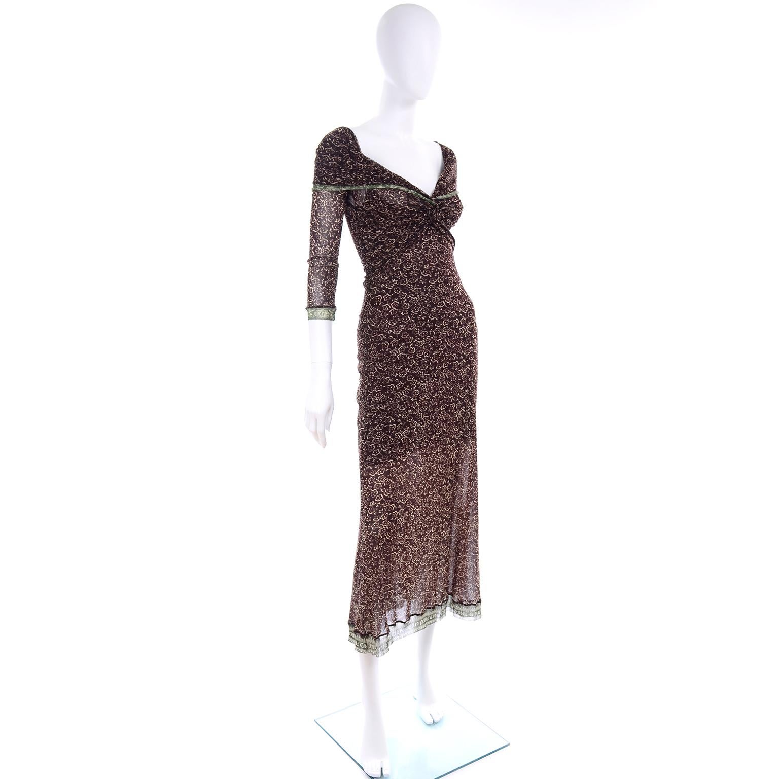 Vintage Jean Paul Gaultier Maille Classique Brown Stretch Mesh Dress W Logo Trim In Excellent Condition In Portland, OR